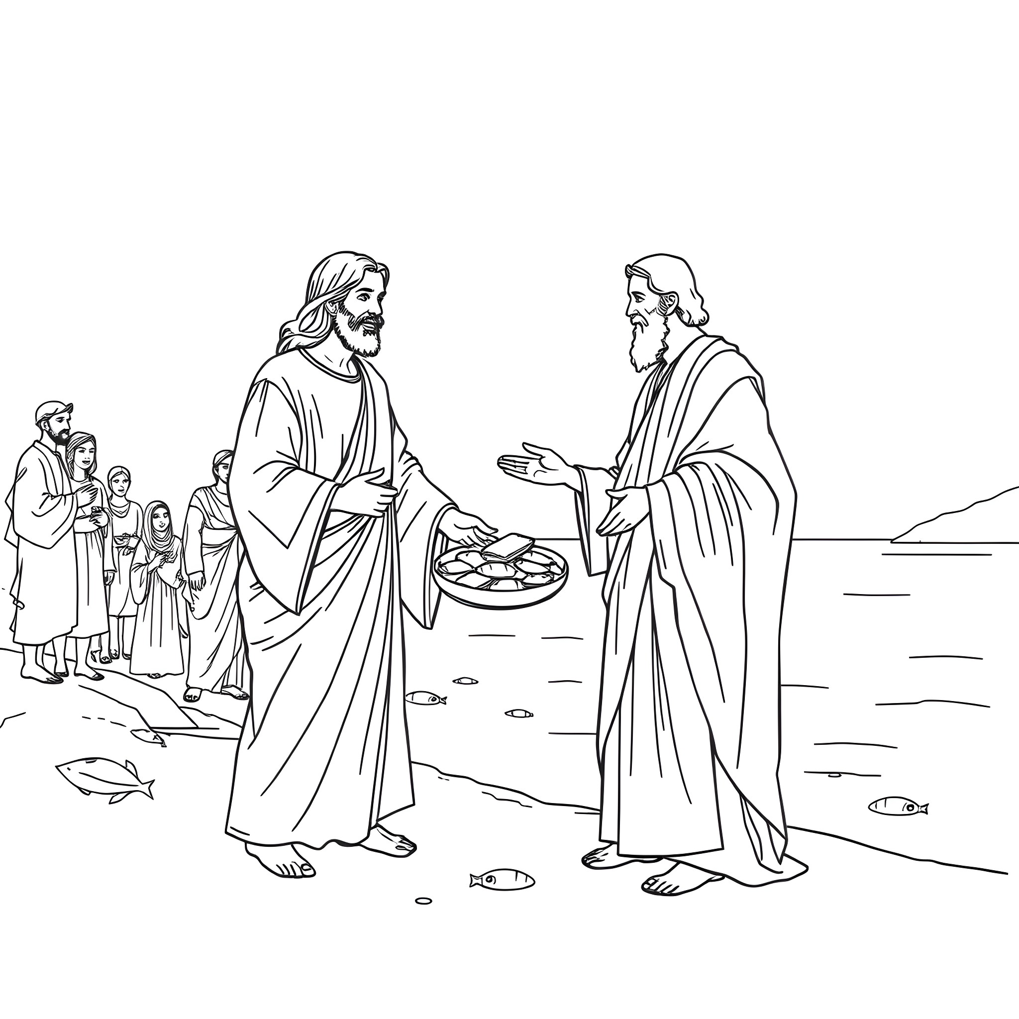 Jesus preaching to disciples by the lake Coloring Page (free black-and-white line drawing printable PDF for all, from beginners to advanced learners, including children, teens, adults, and seniors)