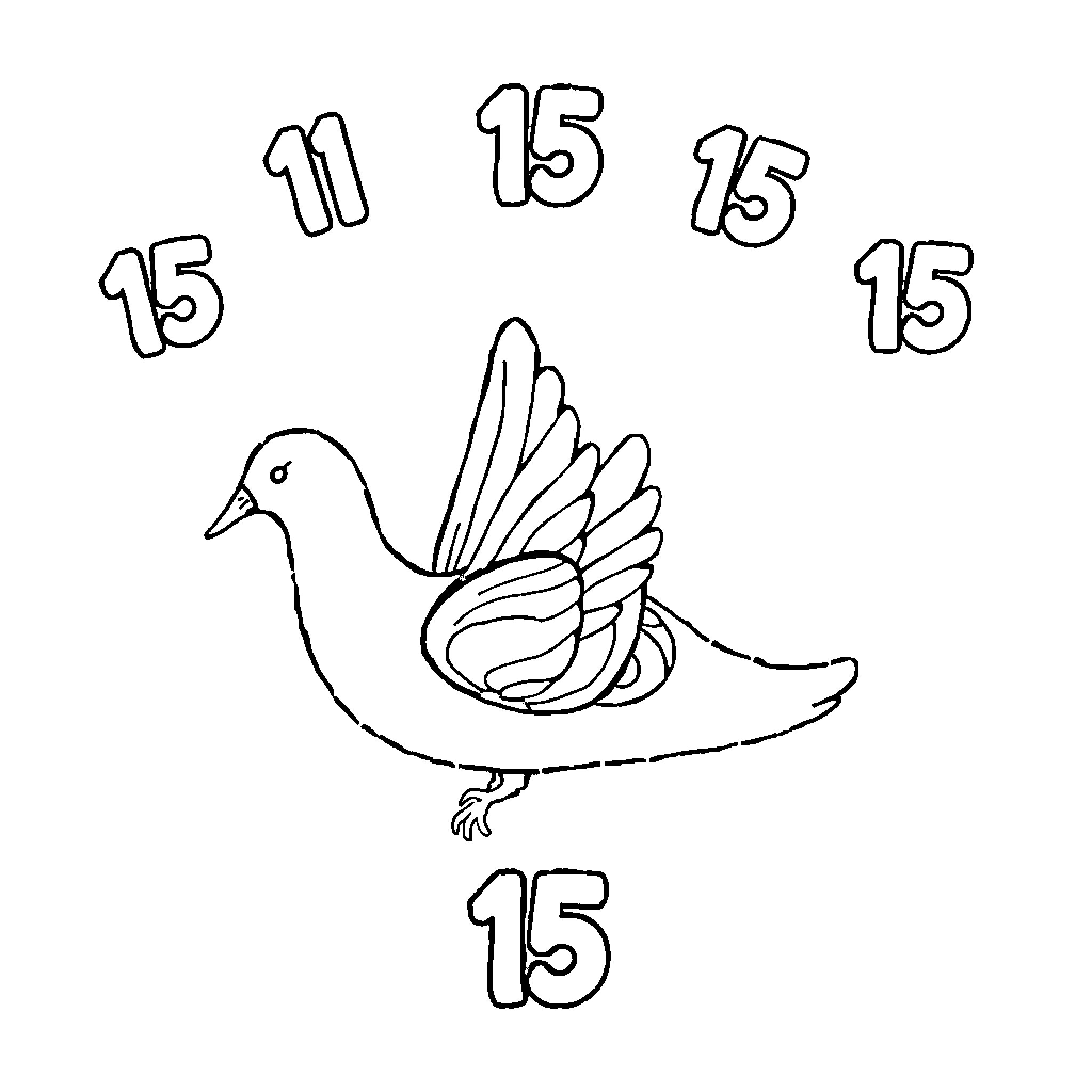 Number 15 bird with numbers Coloring Page (free black-and-white line drawing printable PDF for all, from beginners to advanced learners, including children, teens, adults, and seniors)
