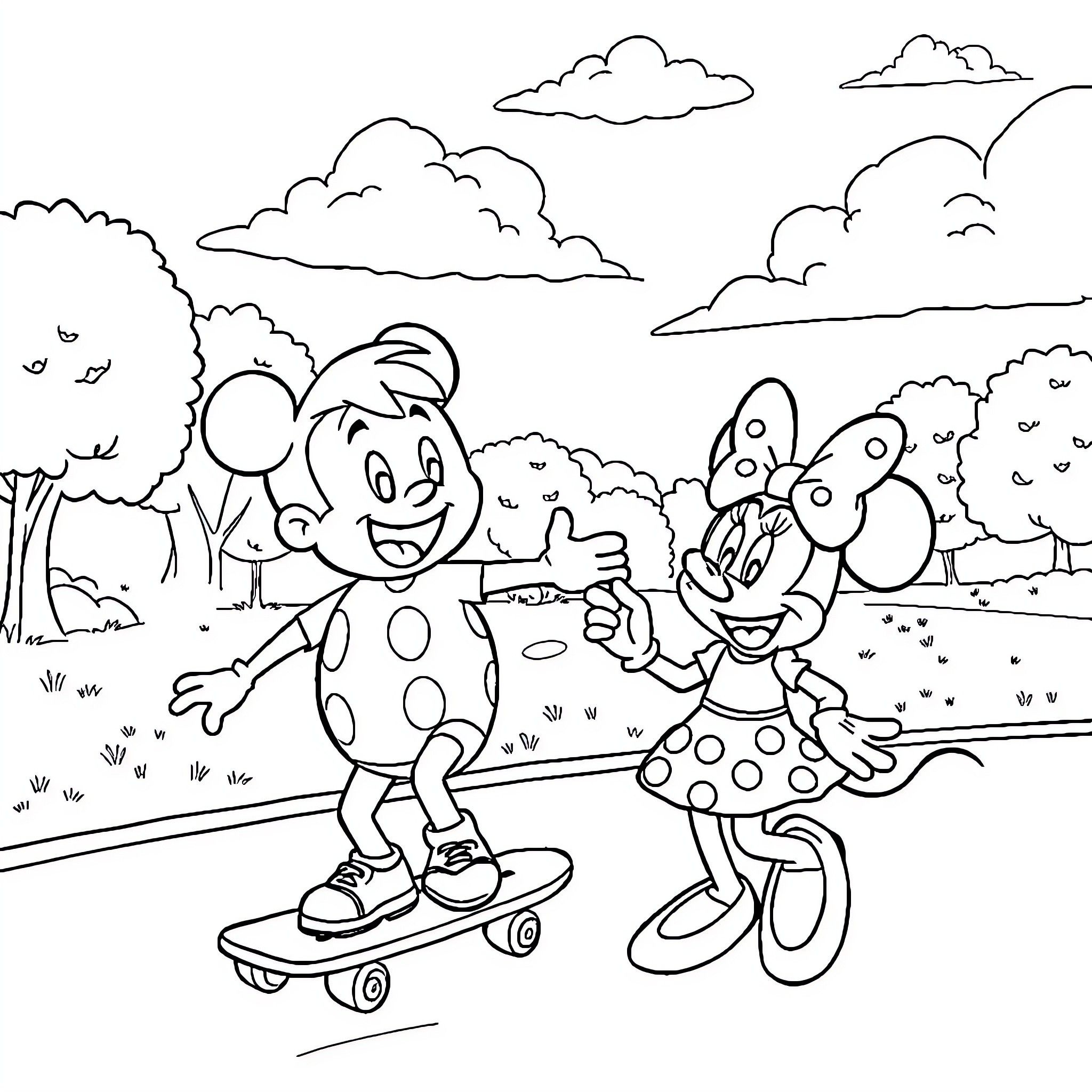 JJ Cartoon Characters Skateboarding in Park Coloring Page (free black-and-white line drawing printable PDF for all, from beginners to advanced learners, including children, teens, adults, and seniors)