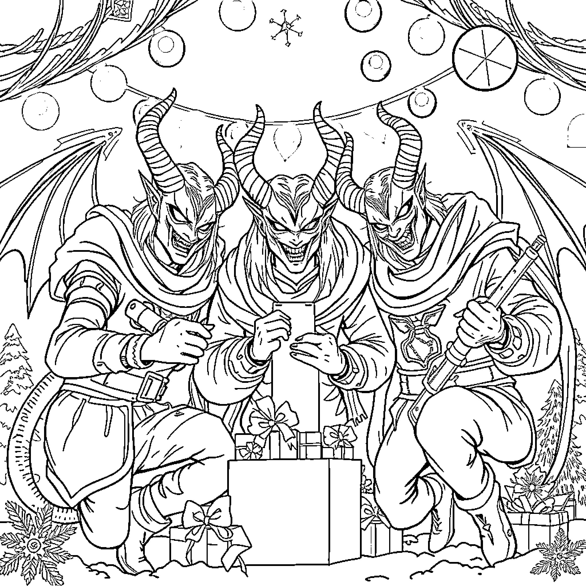 Demon Hunters Battling Supernatural Forces Coloring Page (free black-and-white line drawing printable PDF for all, from beginners to advanced learners, including children, teens, adults, and seniors)