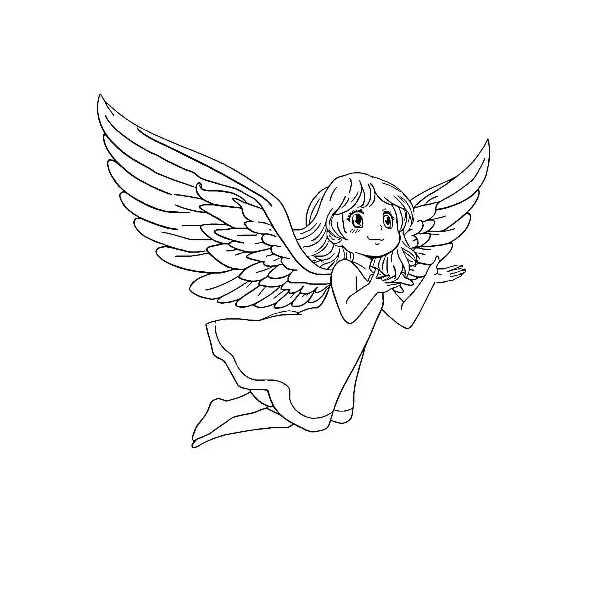 Mellisa the Angelic Fairy in Flight Coloring Page (free black-and-white line drawing printable PDF for all, from beginners to advanced learners, including children, teens, adults, and seniors)