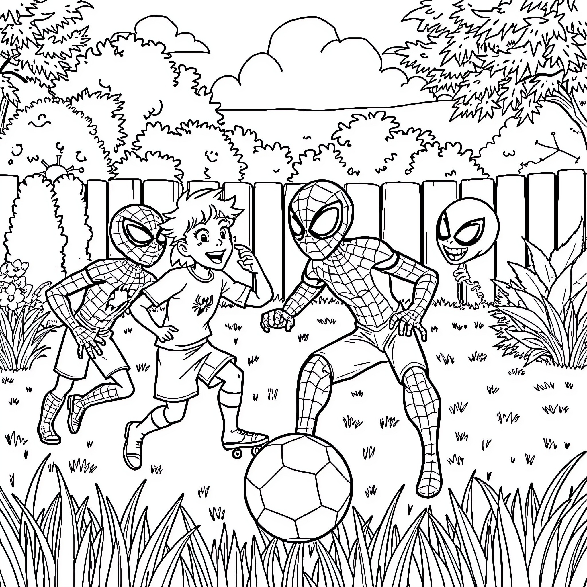 Spider characters playing soccer in a forest setting Coloring Page (free black-and-white line drawing printable PDF for all, from beginners to advanced learners, including children, teens, adults, and seniors)