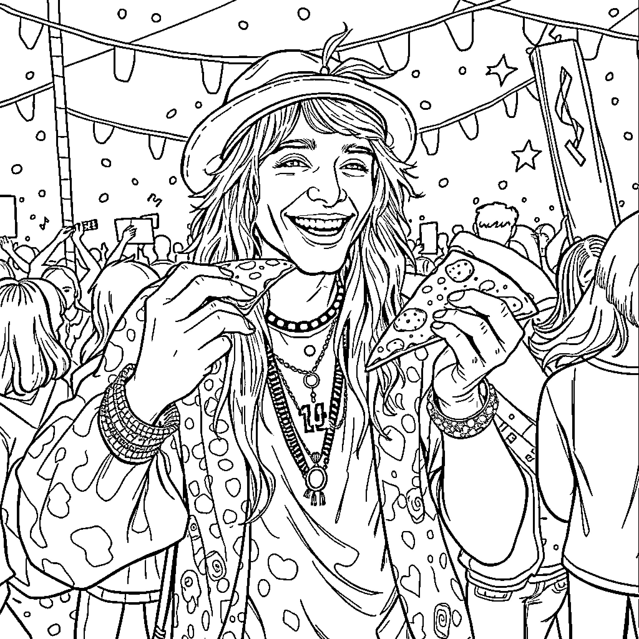 Hippy festival fun and celebration Coloring Page (free black-and-white line drawing printable PDF for all, from beginners to advanced learners, including children, teens, adults, and seniors)