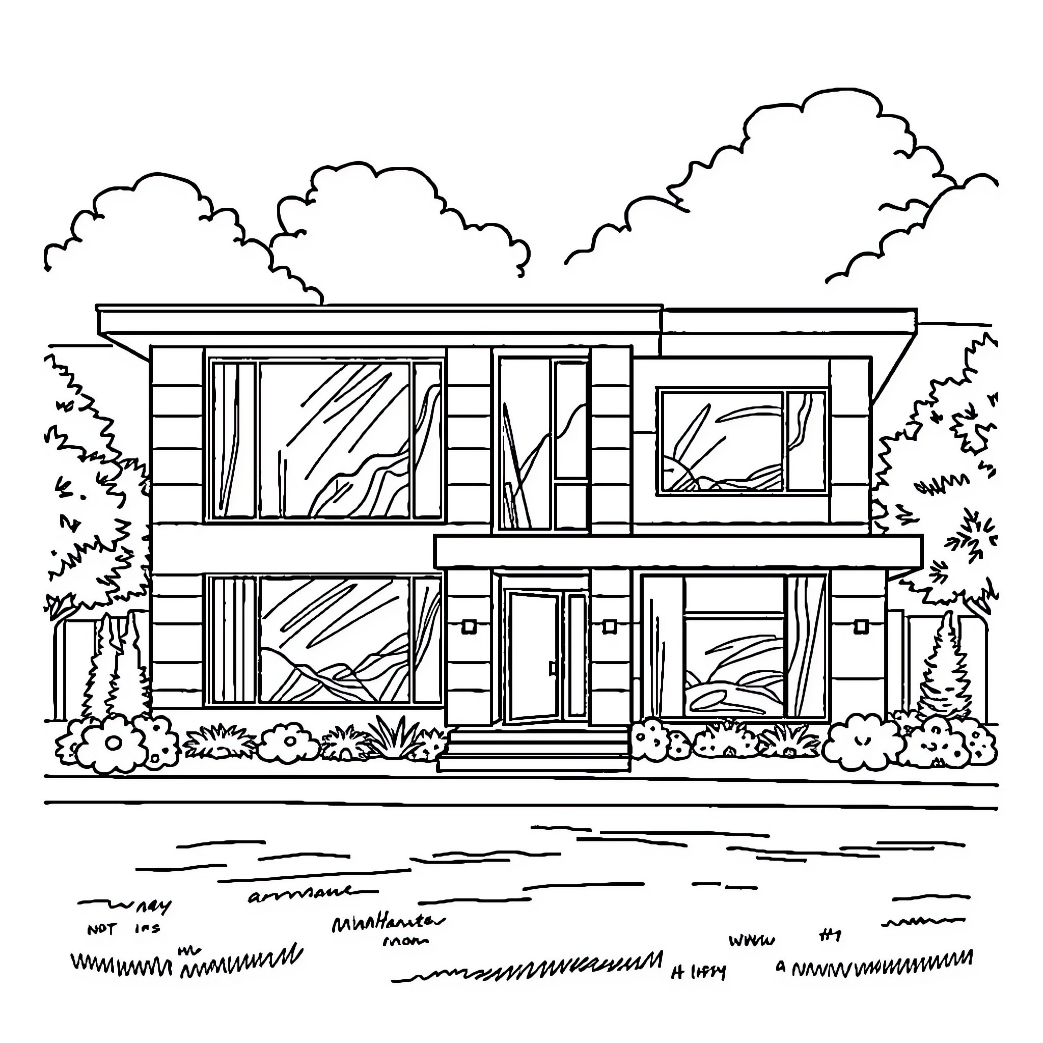 House with contemporary architectural design Coloring Page (free black-and-white line drawing printable PDF for all, from beginners to advanced learners, including children, teens, adults, and seniors)