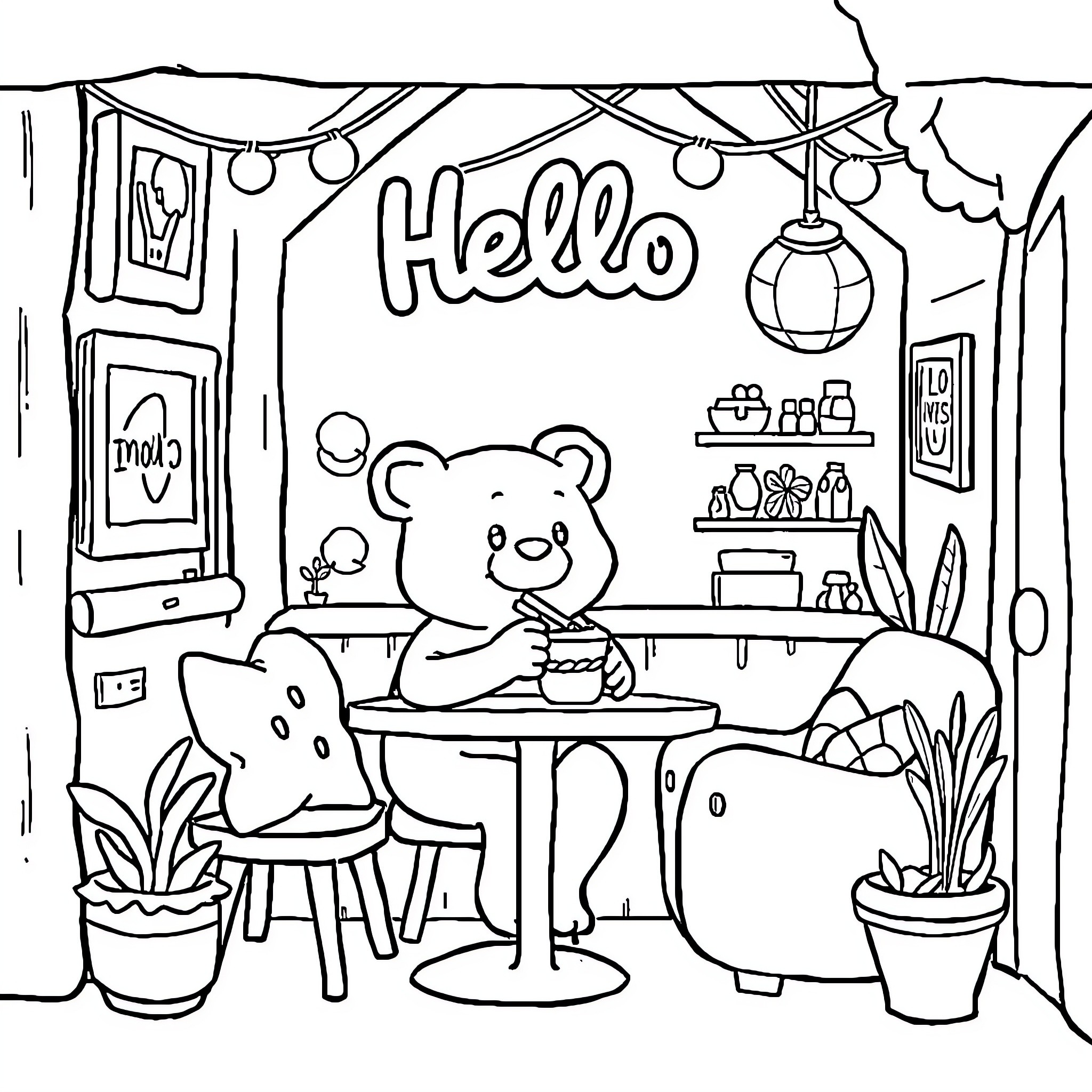 Hello cute teddy bear enjoying cozy café setting Coloring Page (free black-and-white line drawing printable PDF for all, from beginners to advanced learners, including children, teens, adults, and seniors)