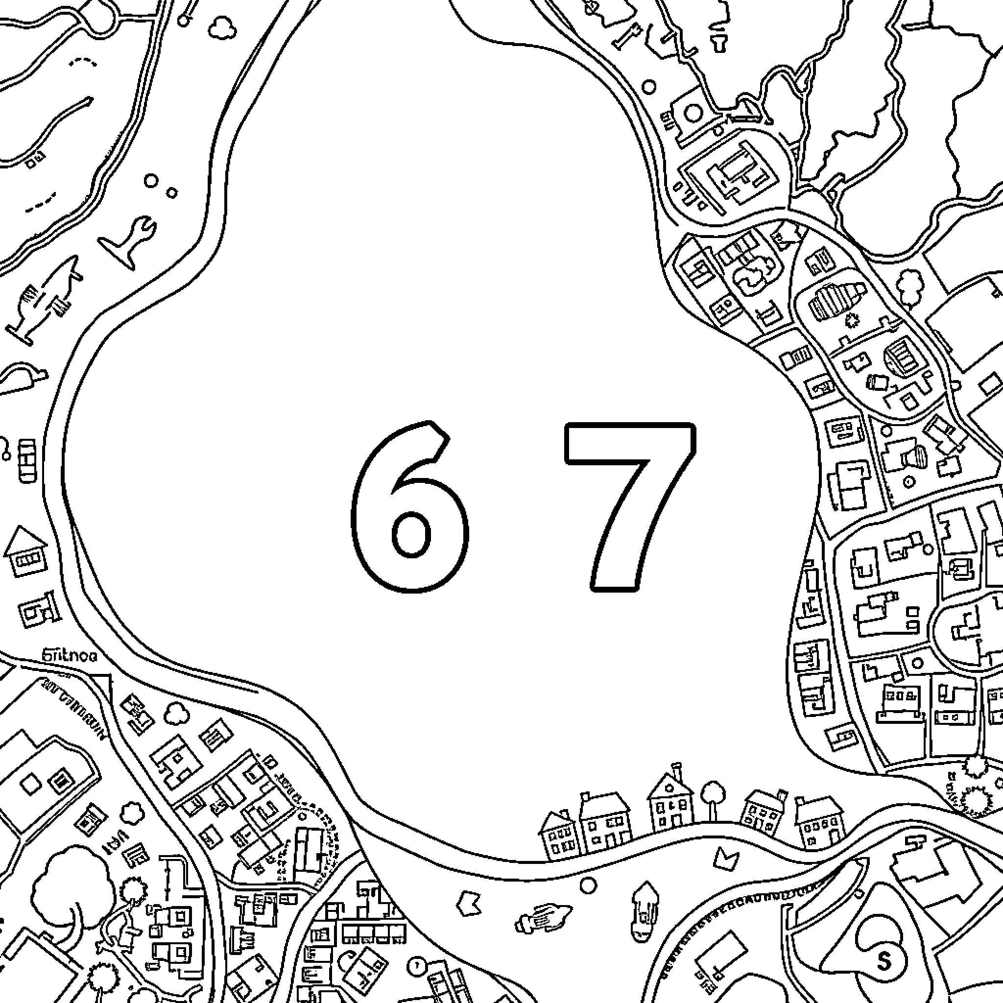 Number 67 on a Map Showing a City Coloring Page (free black-and-white line drawing printable PDF for all, from beginners to advanced learners, including children, teens, adults, and seniors)