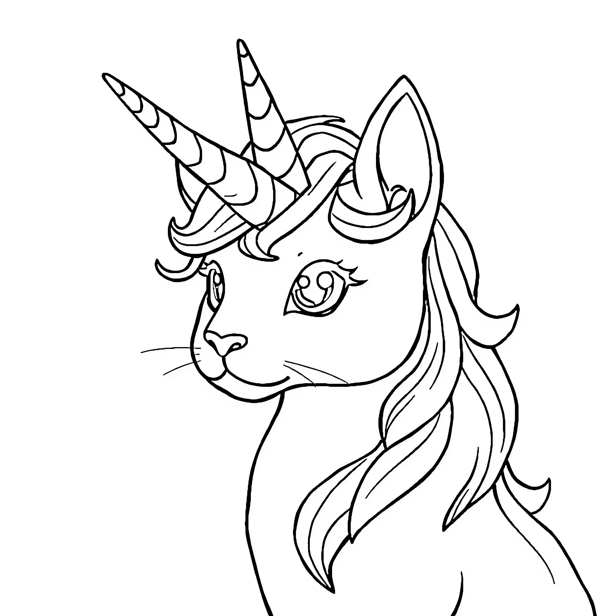 Unicorn Cat with Whimsical Expression Coloring Page (free black-and-white line drawing printable PDF for all, from beginners to advanced learners, including children, teens, adults, and seniors)