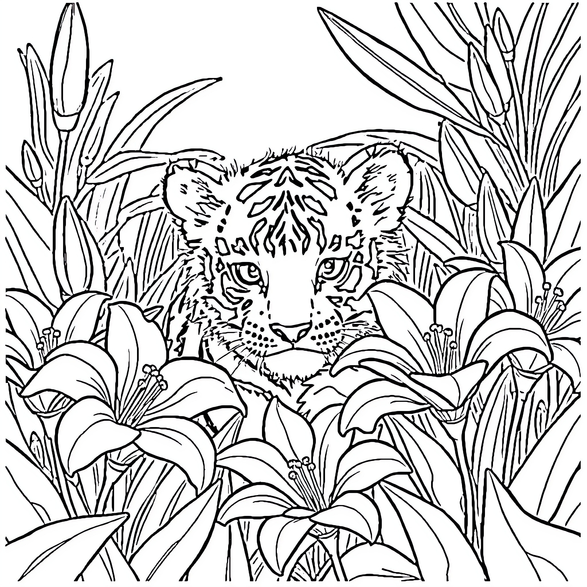 Tiger Peering Through Lush Tropical Foliage Coloring Page (free black-and-white line drawing printable PDF for all, from beginners to advanced learners, including children, teens, adults, and seniors)