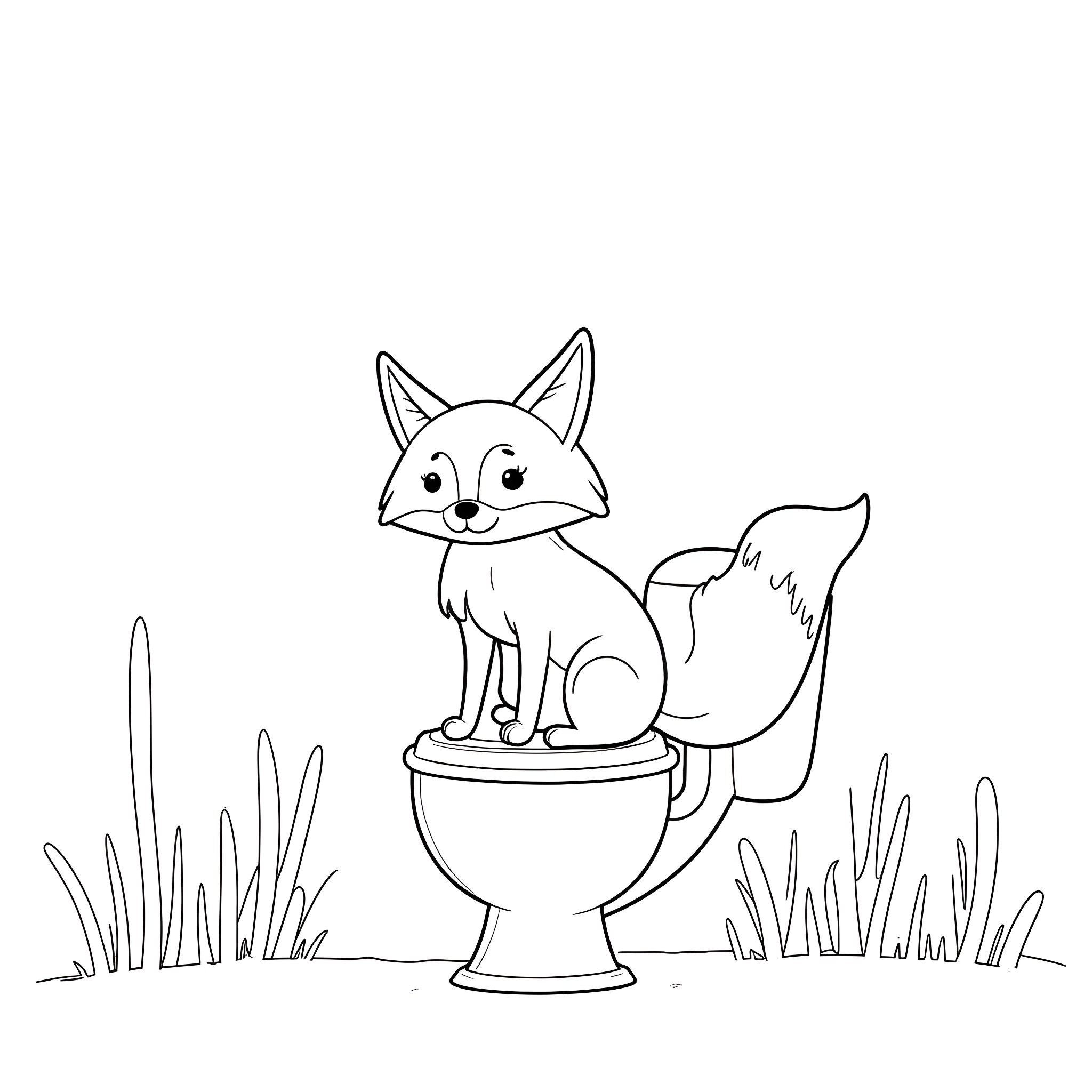 Fox sitting happily on a toilet Coloring Page (free black-and-white line drawing printable PDF for all, from beginners to advanced learners, including children, teens, adults, and seniors)