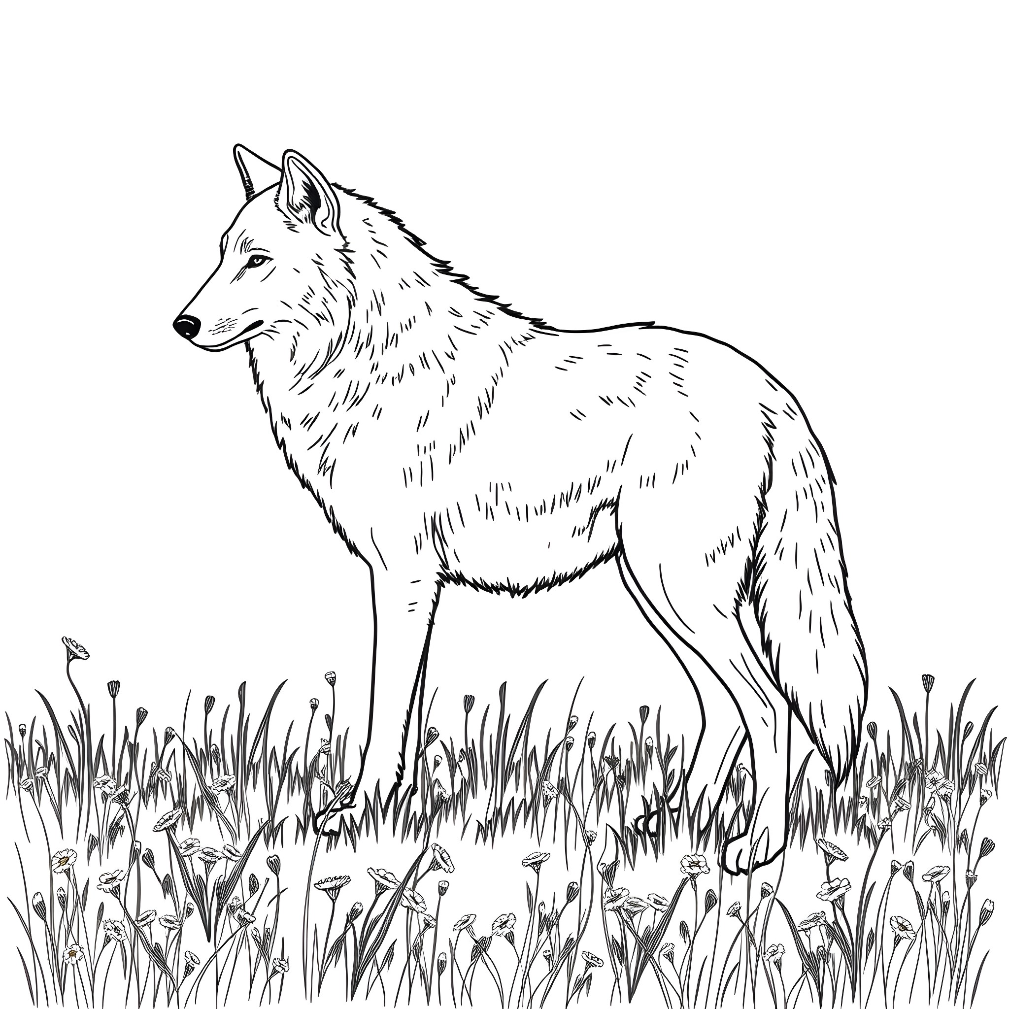 Wolf Standing in Tall Grass Coloring Page (free black-and-white line drawing printable PDF for all, from beginners to advanced learners, including children, teens, adults, and seniors)
