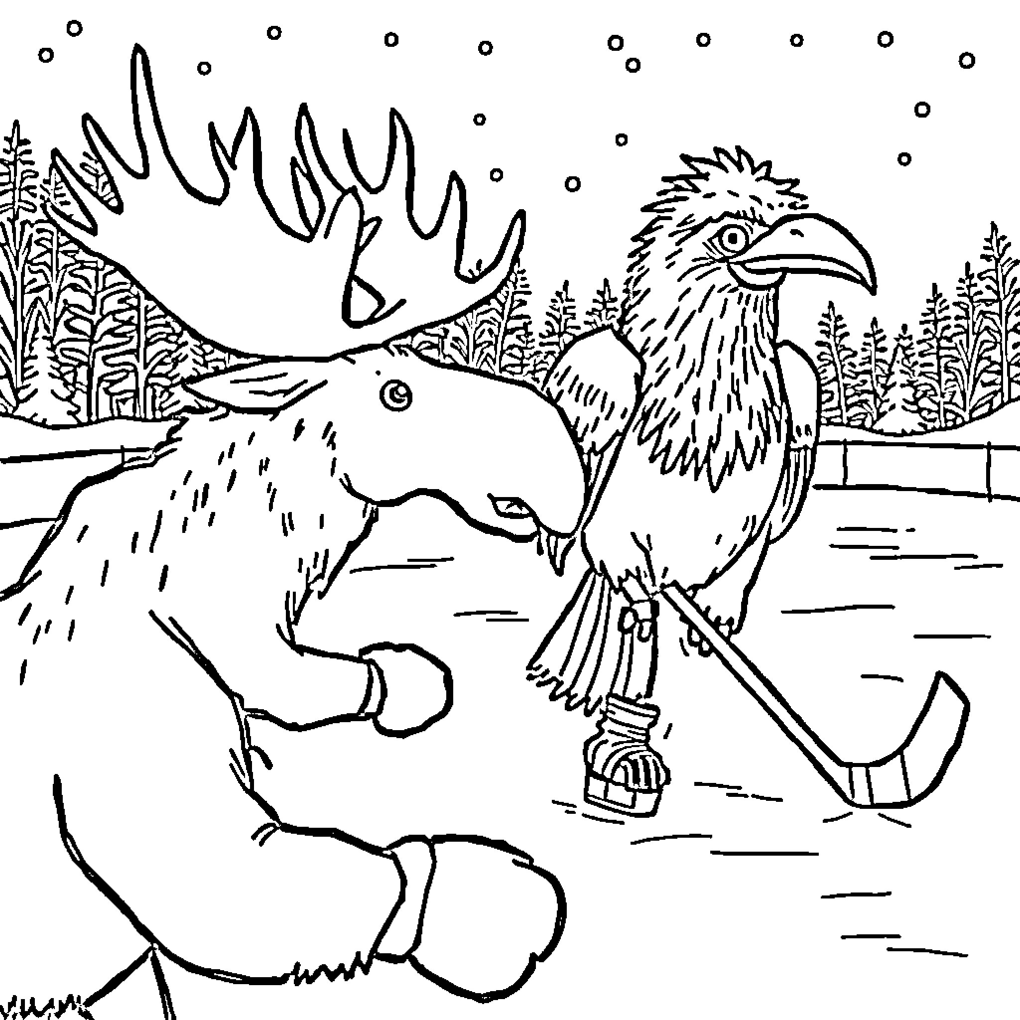 Moose and eagle in wintry landscape Coloring Page (free black-and-white line drawing printable PDF for all, from beginners to advanced learners, including children, teens, adults, and seniors)