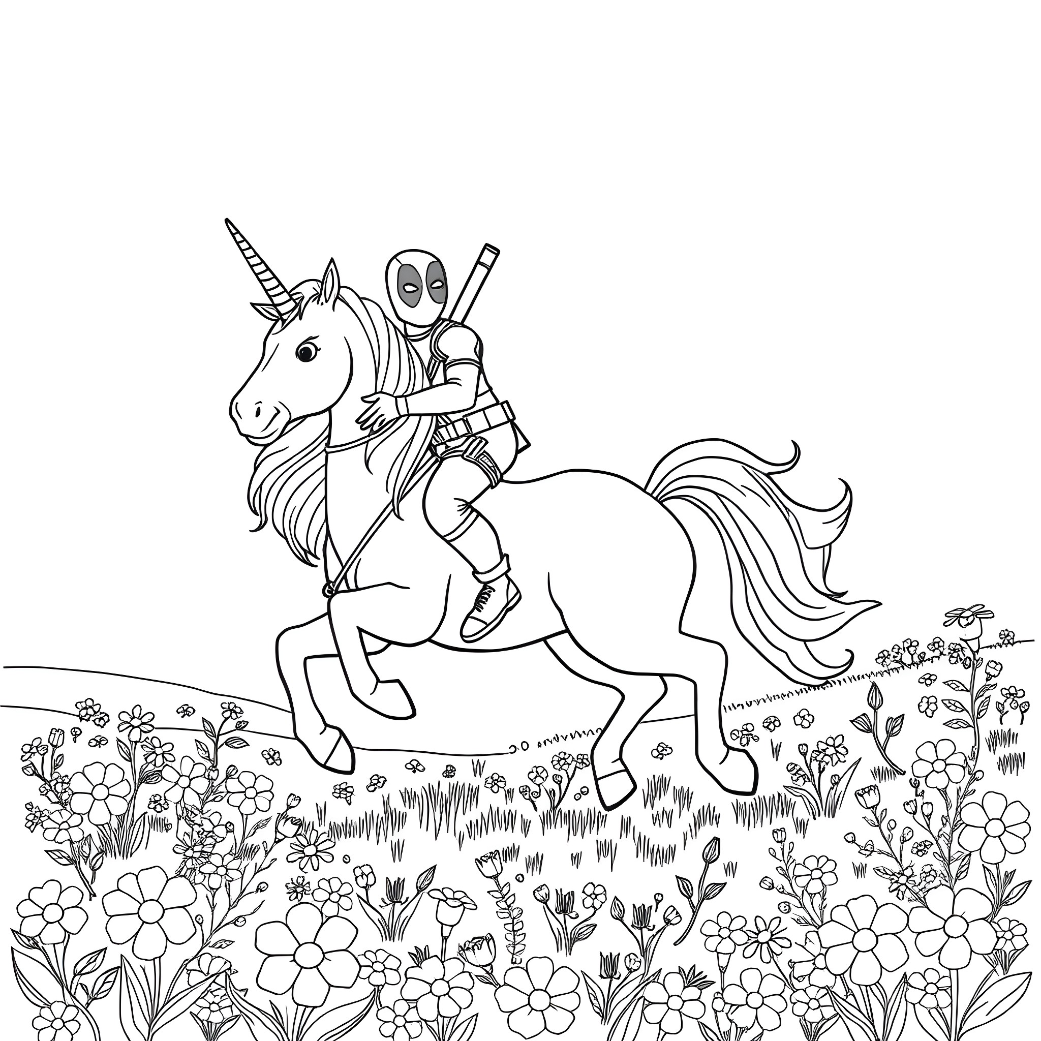 Deadpool riding a unicorn through a flower field Coloring Page (free black-and-white line drawing printable PDF for all, from beginners to advanced learners, including children, teens, adults, and seniors)