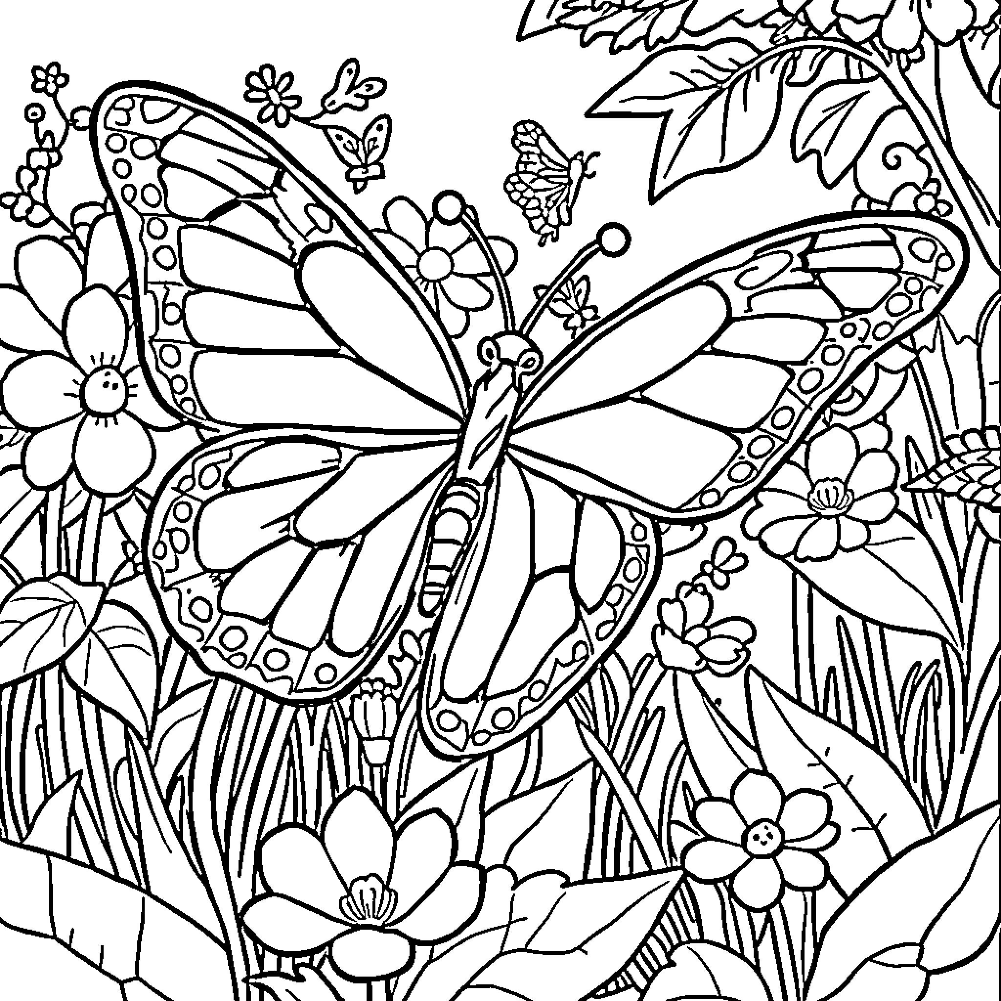 Butterfly Amidst a Floral Garden Coloring Page (free black-and-white line drawing printable PDF for all, from beginners to advanced learners, including children, teens, adults, and seniors)