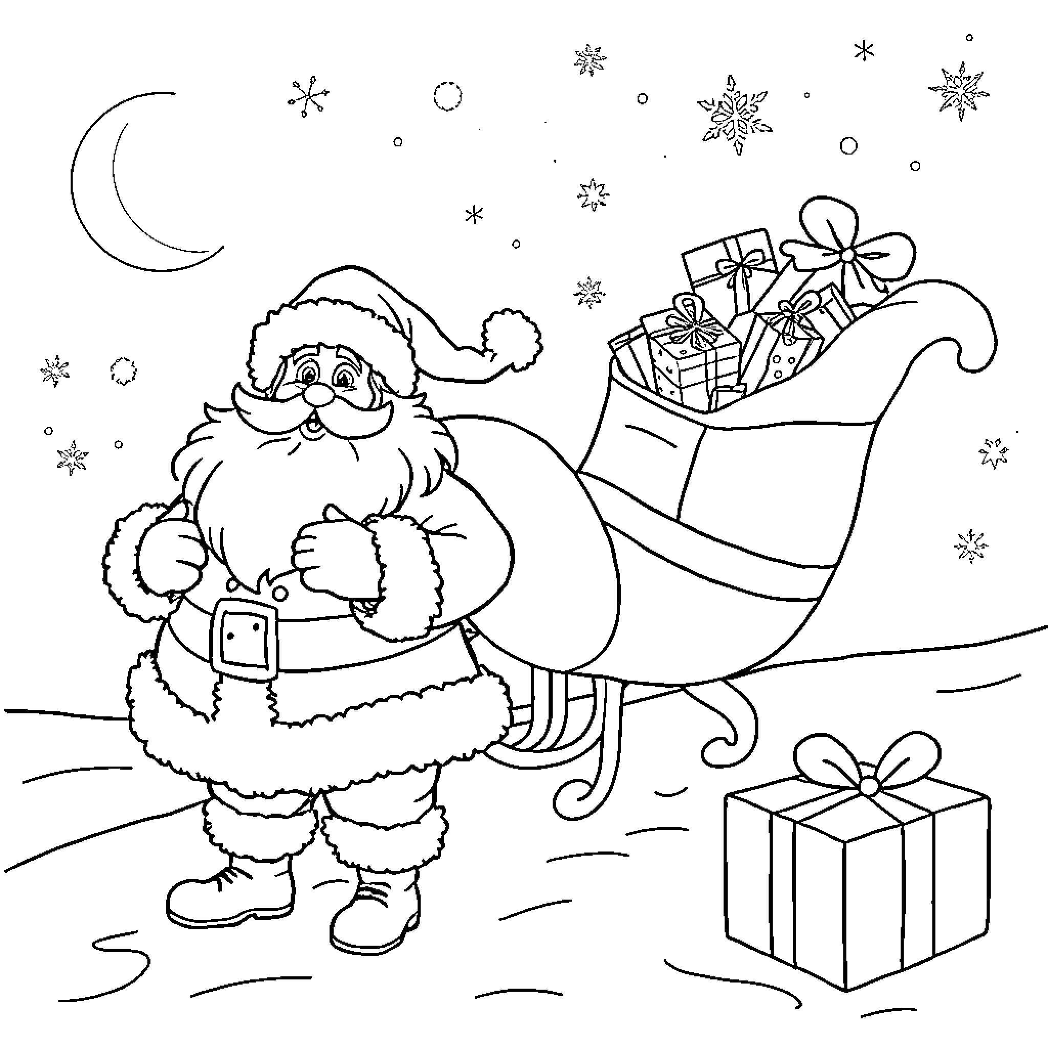 Santa Claus delivering gifts on a snowy night Coloring Page (free black-and-white line drawing printable PDF for all, from beginners to advanced learners, including children, teens, adults, and seniors)