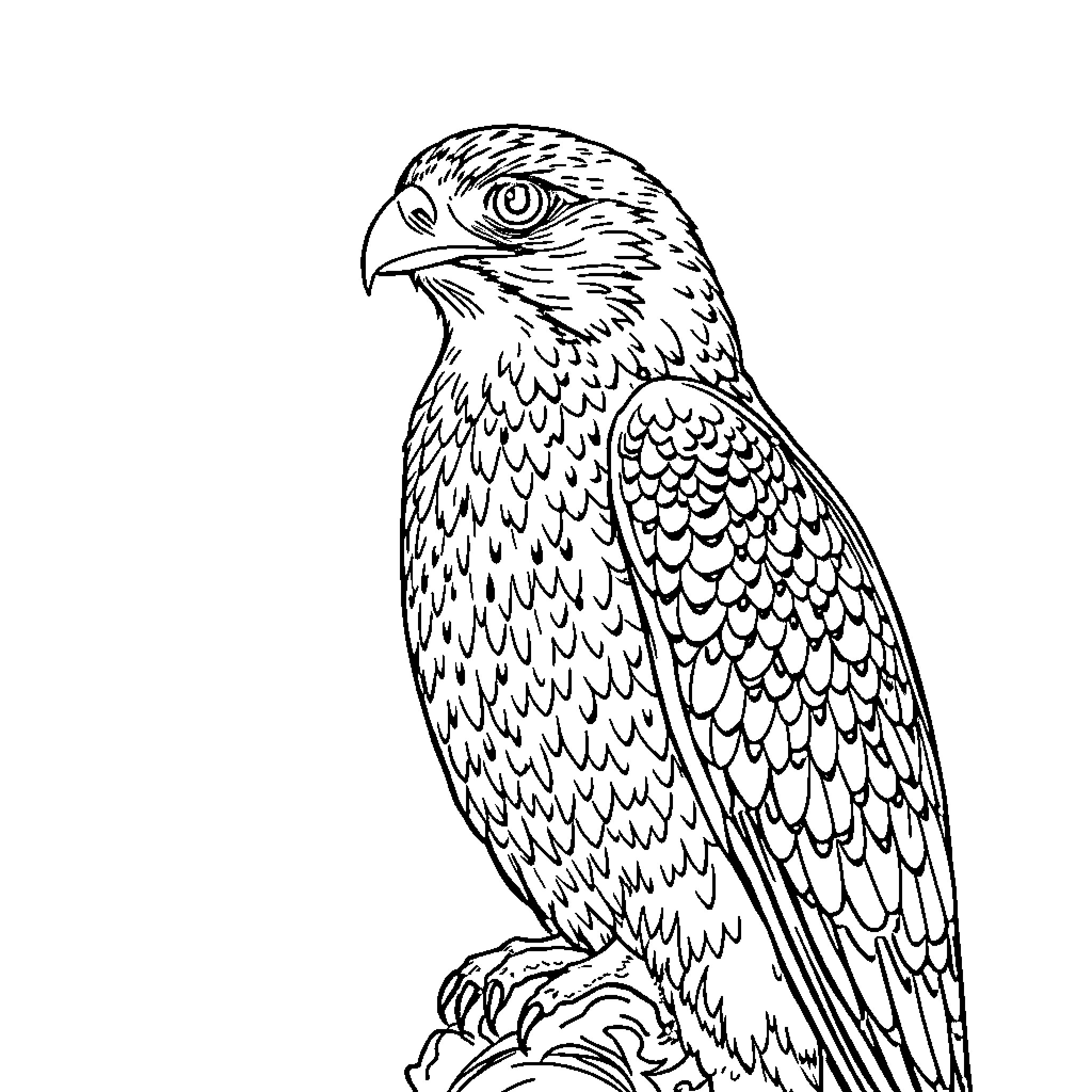 Falcon perched on branch with detailed feathers Coloring Page (free black-and-white line drawing printable PDF for all, from beginners to advanced learners, including children, teens, adults, and seniors)