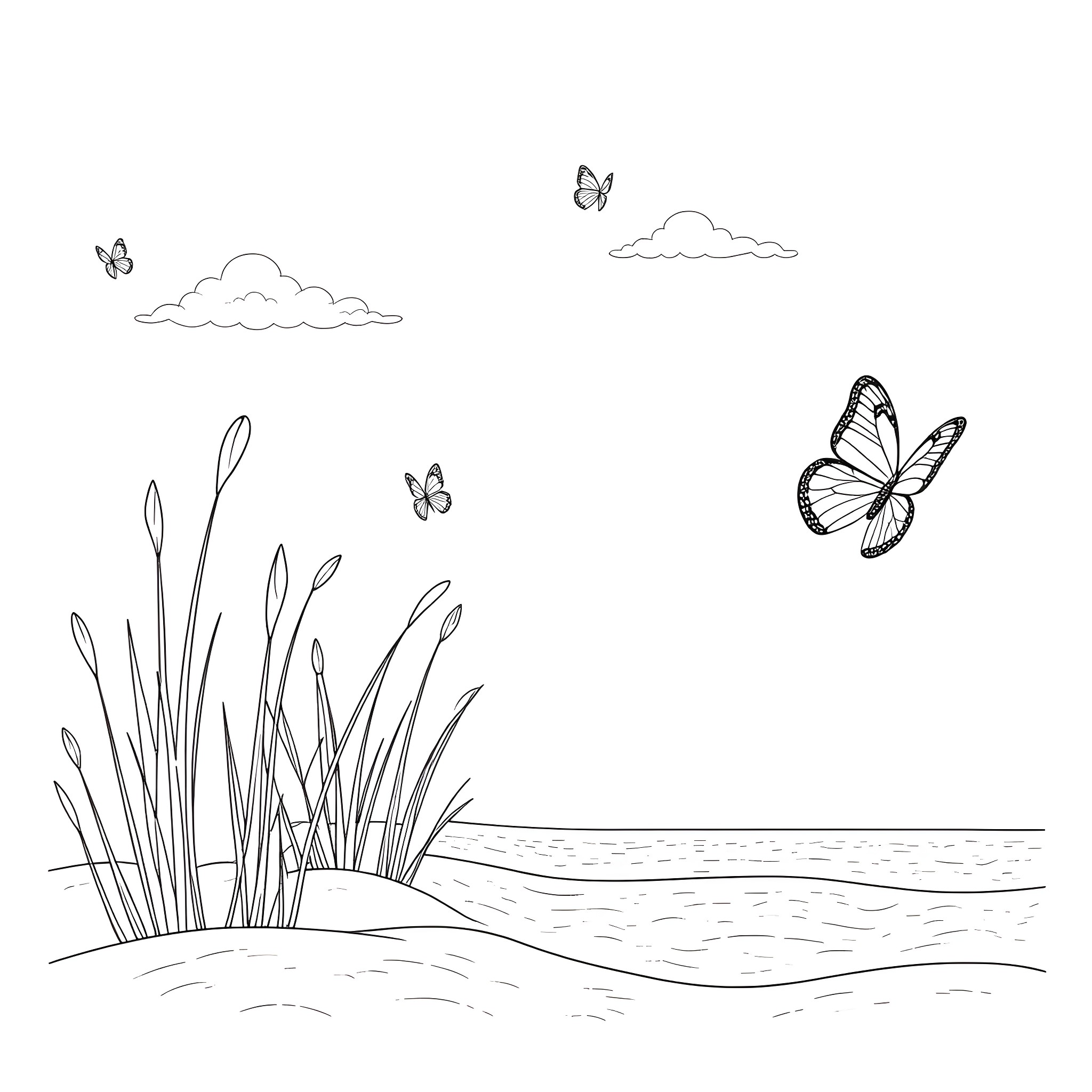 Flutter through the peaceful meadow Coloring Page (free black-and-white line drawing printable PDF for all, from beginners to advanced learners, including children, teens, adults, and seniors)