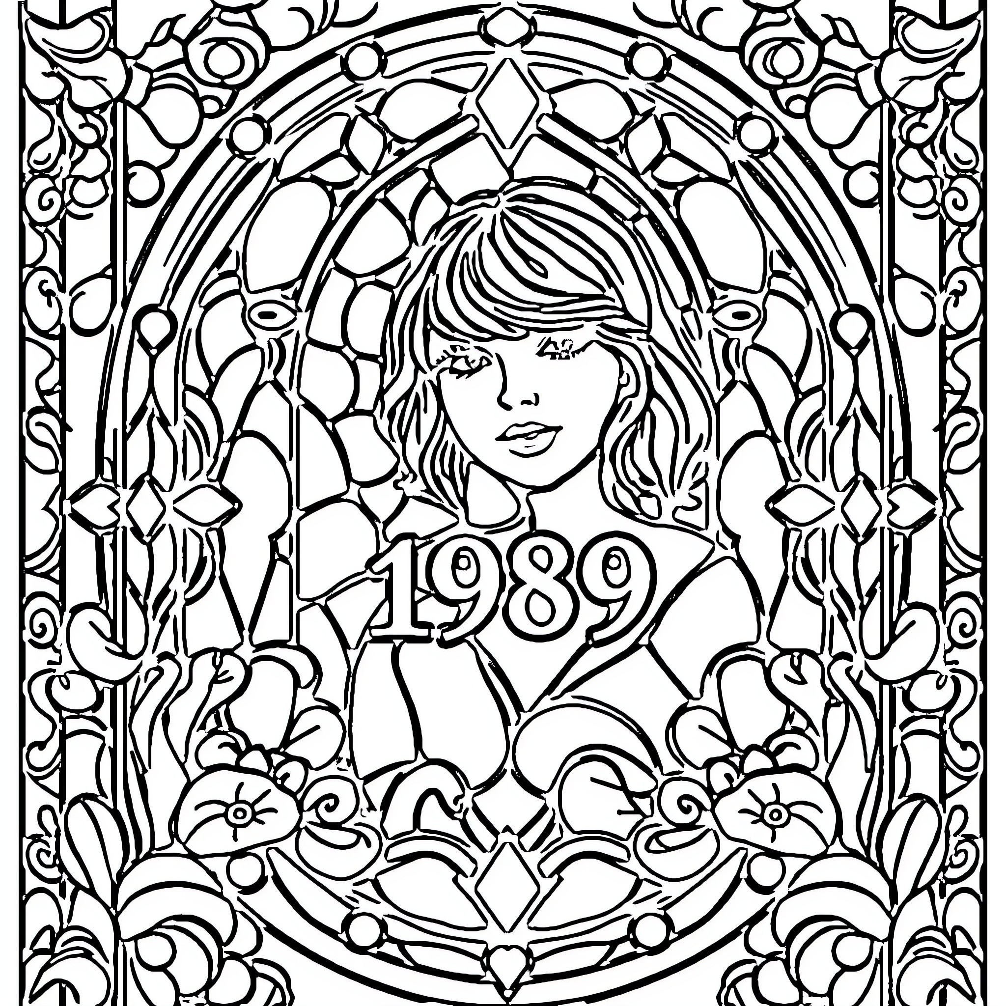 Taylor Swift in Stained Glass Art Nouveau Style Coloring Page (free black-and-white line drawing printable PDF for all, from beginners to advanced learners, including children, teens, adults, and seniors)