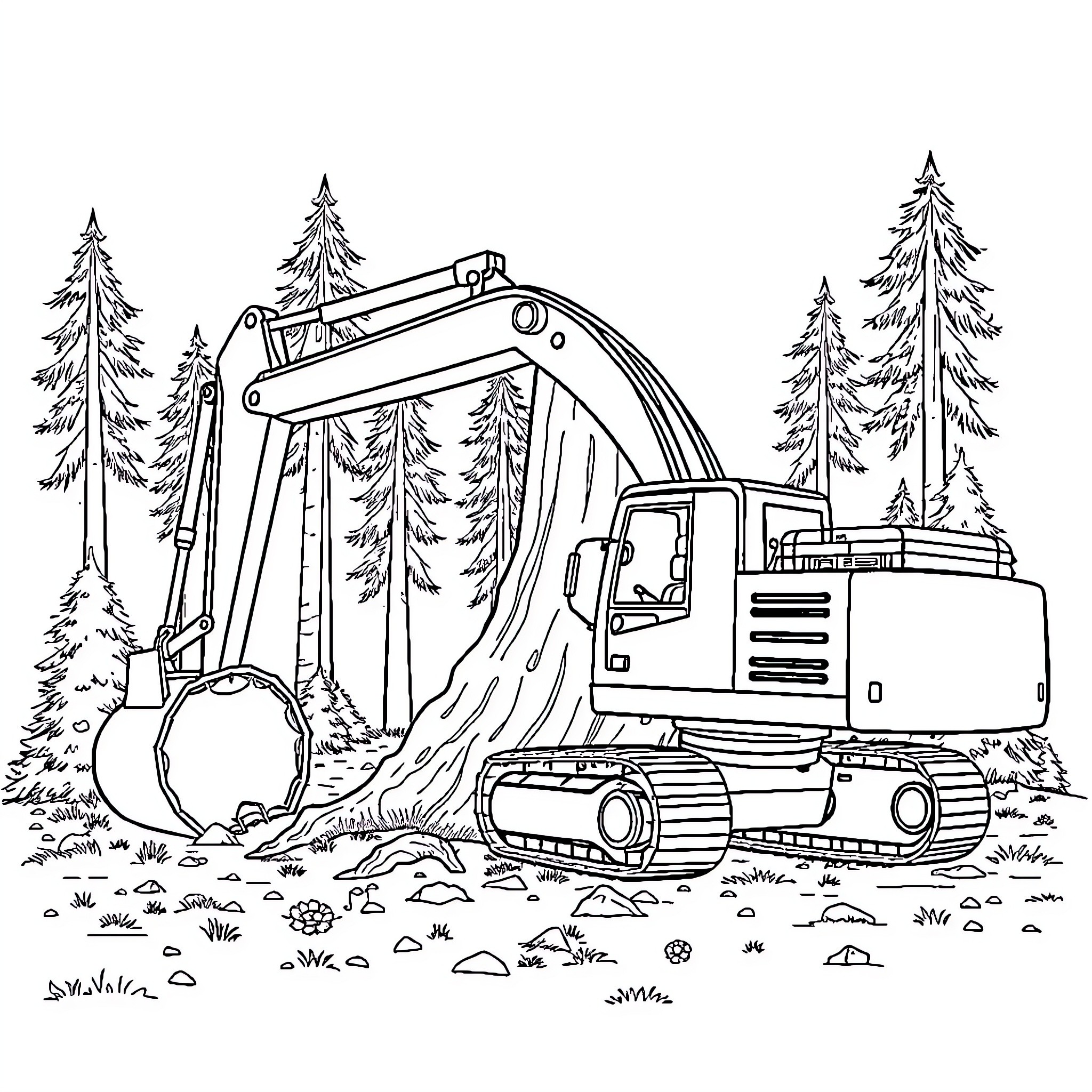 Excavator operating in forested landscape Coloring Page (free black-and-white line drawing printable PDF for all, from beginners to advanced learners, including children, teens, adults, and seniors)