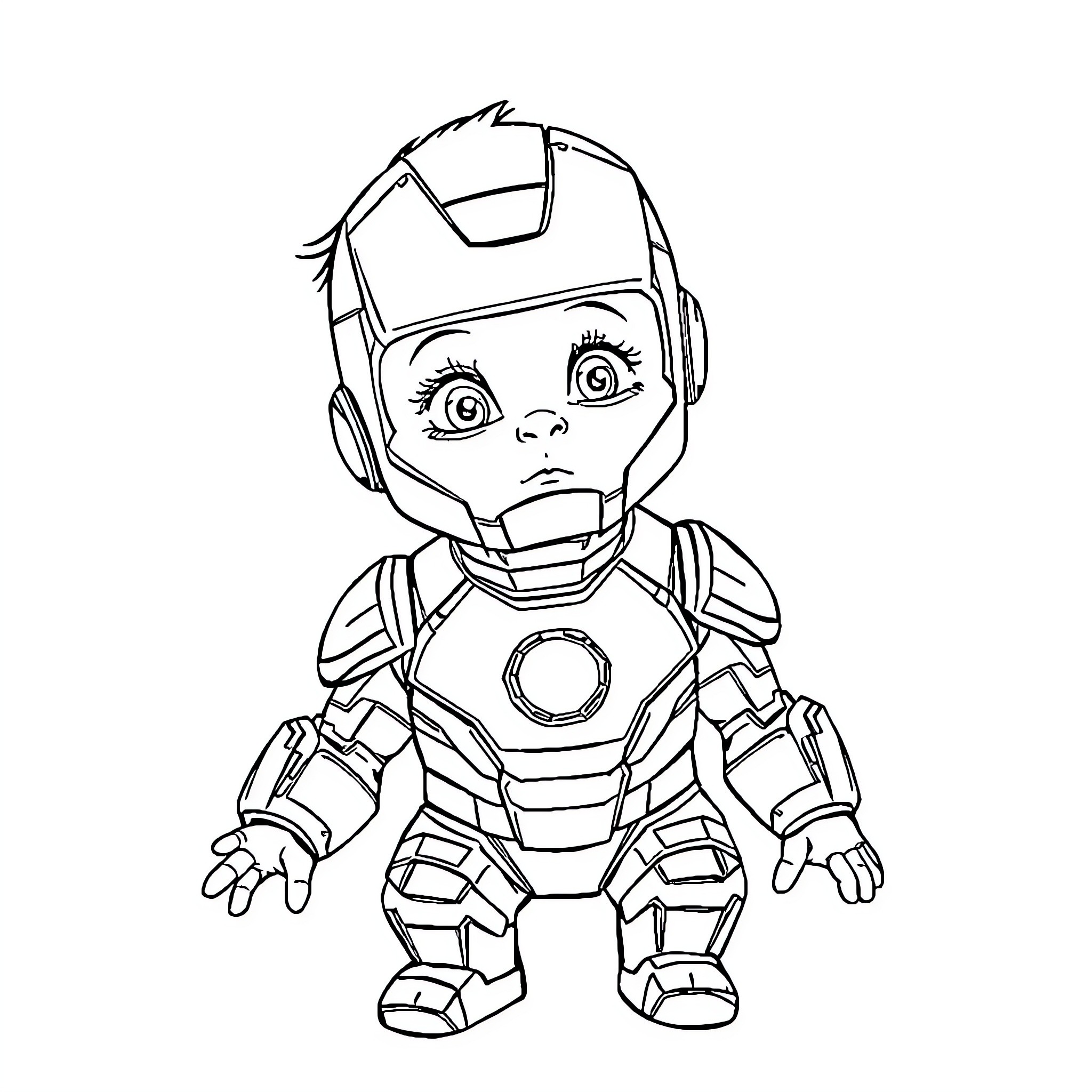 Baby Iron Man in Cartoon Style Coloring Page (free black-and-white line drawing printable PDF for all, from beginners to advanced learners, including children, teens, adults, and seniors)