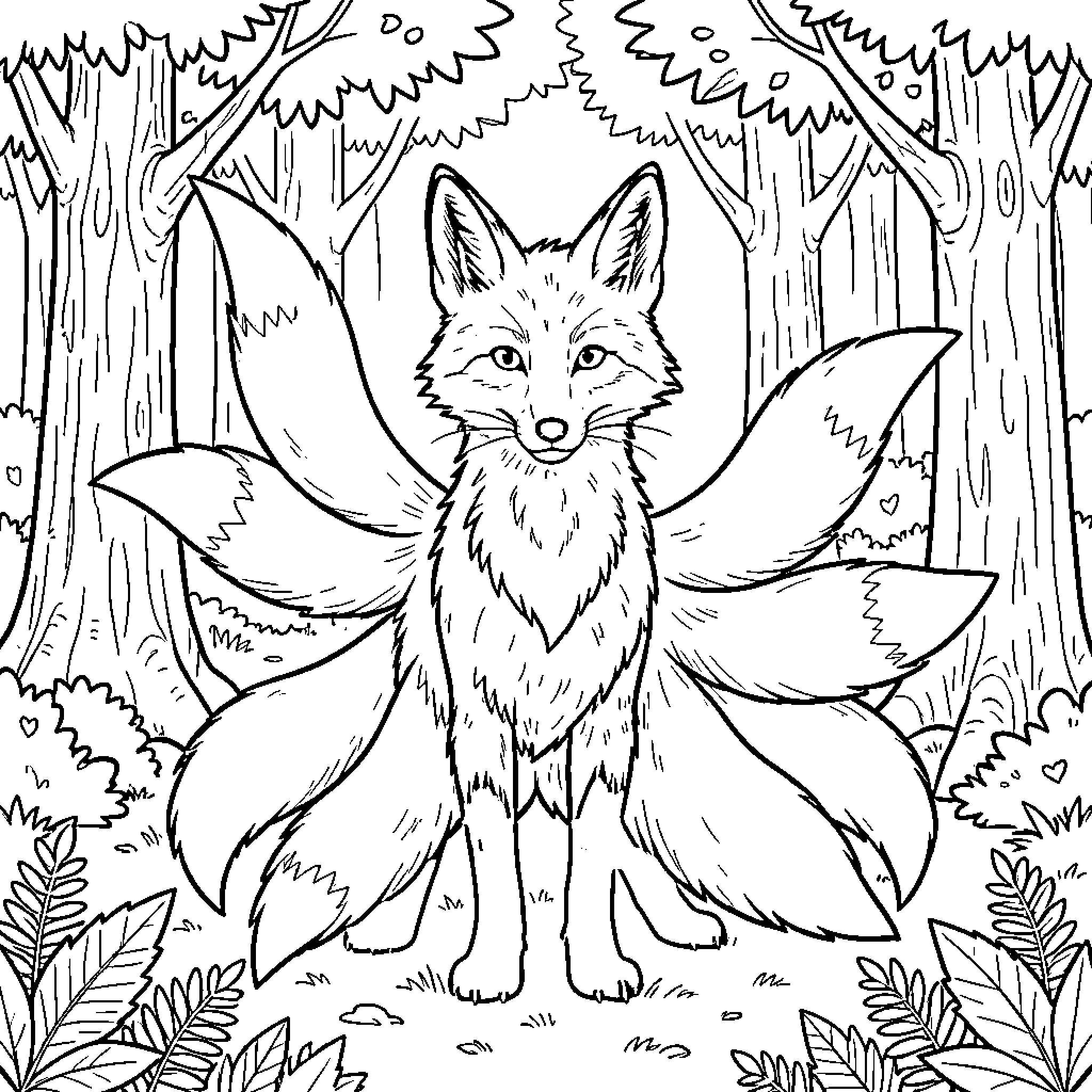 Fox with multiple tails sitting in a forest Coloring Page (free black-and-white line drawing printable PDF for all, from beginners to advanced learners, including children, teens, adults, and seniors)