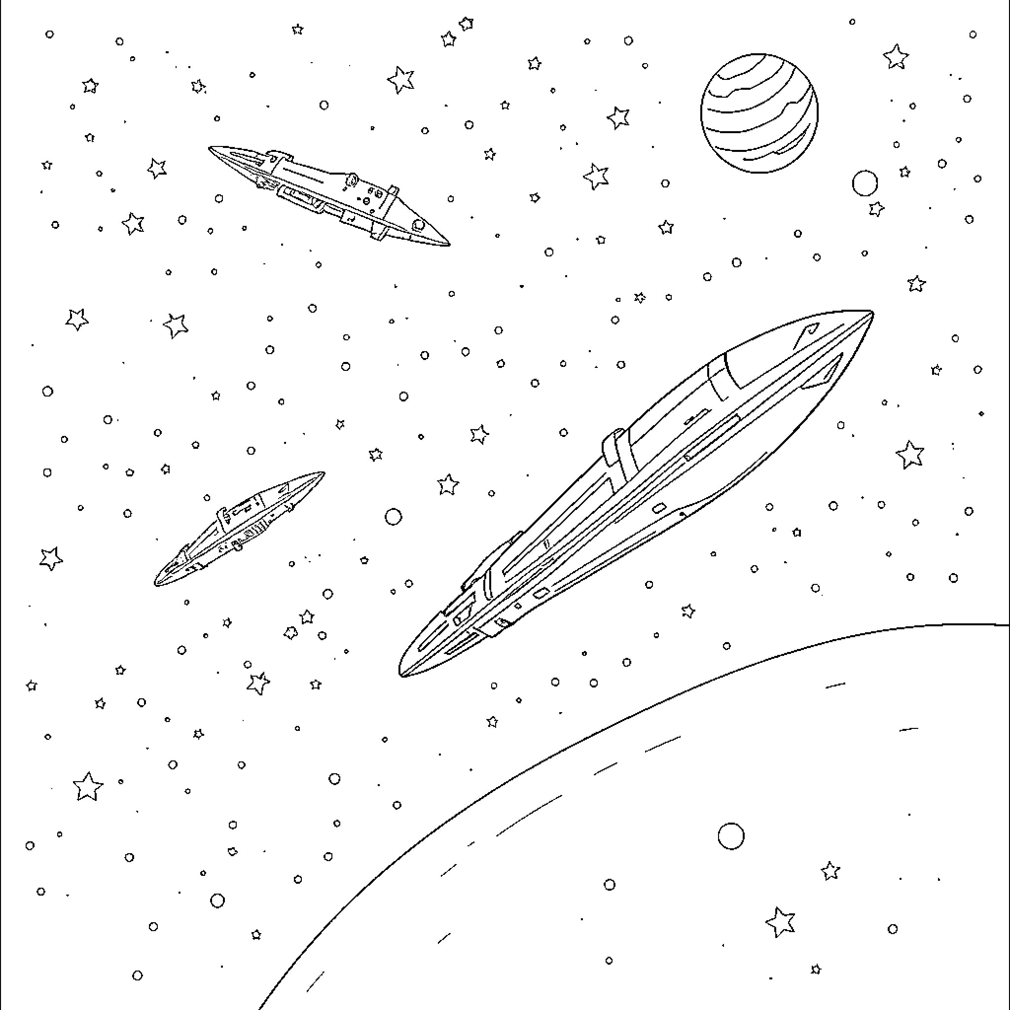 Ship exploring the vast cosmic landscape Coloring Page (free black-and-white line drawing printable PDF for all, from beginners to advanced learners, including children, teens, adults, and seniors)