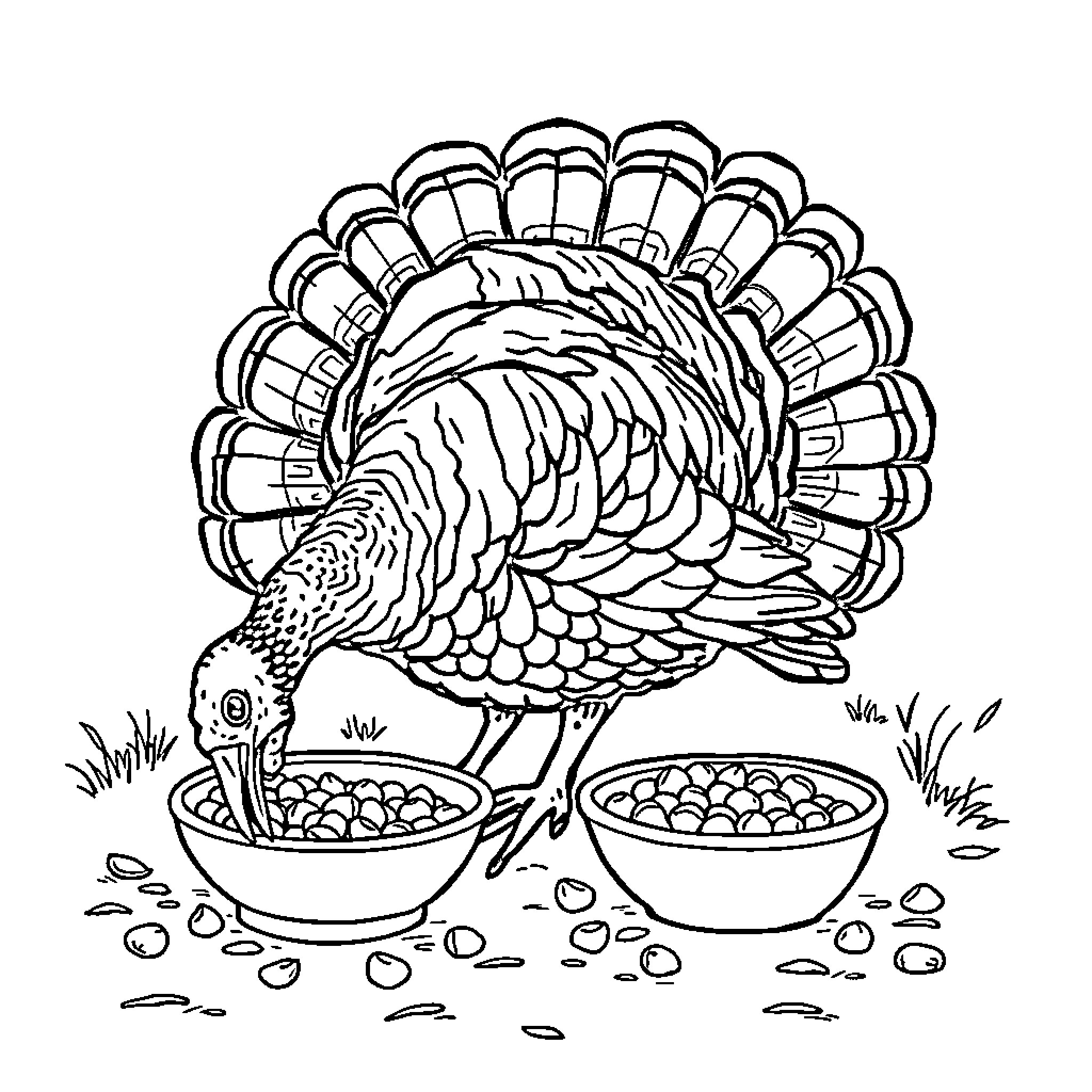 Turkey Feasting on Grains in Bowls Coloring Page (free black-and-white line drawing printable PDF for all, from beginners to advanced learners, including children, teens, adults, and seniors)