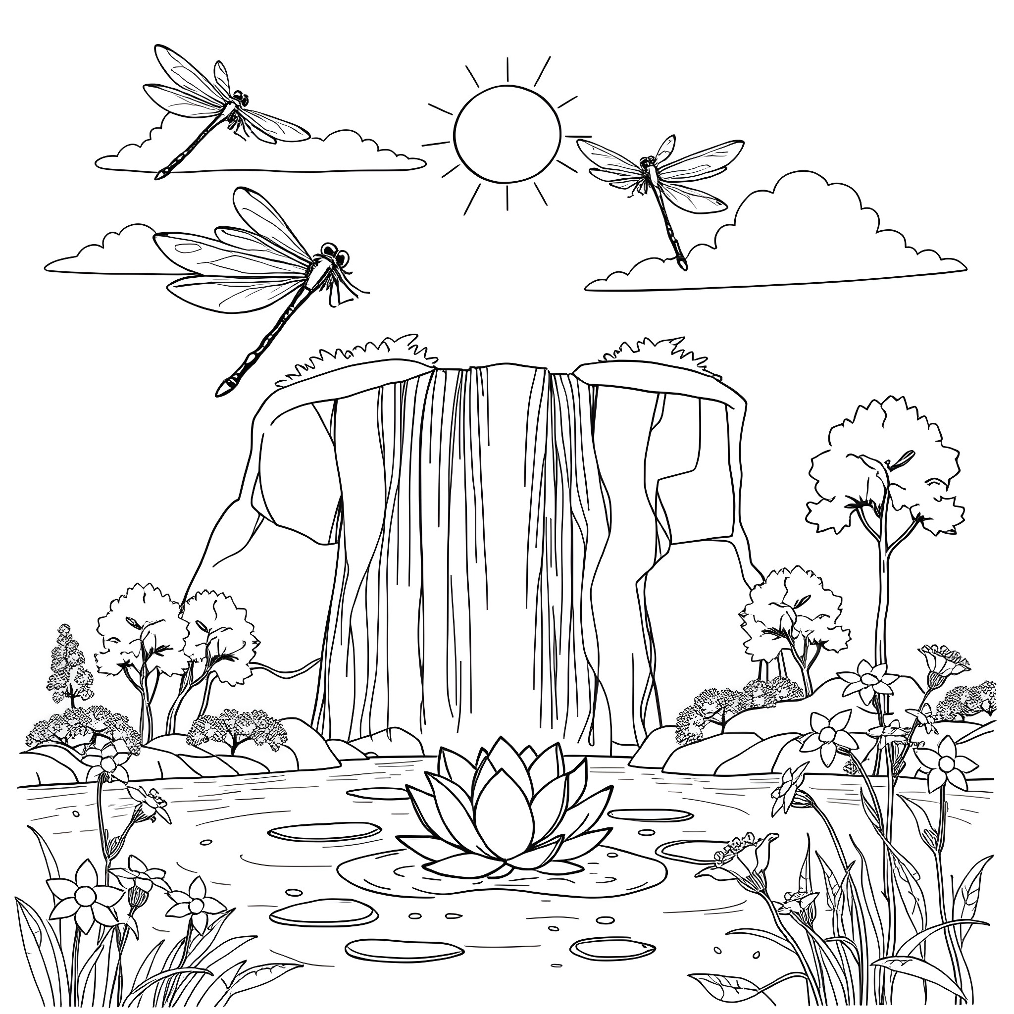 Dragonflies flying over a serene waterfall landscape Coloring Page (free black-and-white line drawing printable PDF for all, from beginners to advanced learners, including children, teens, adults, and seniors)