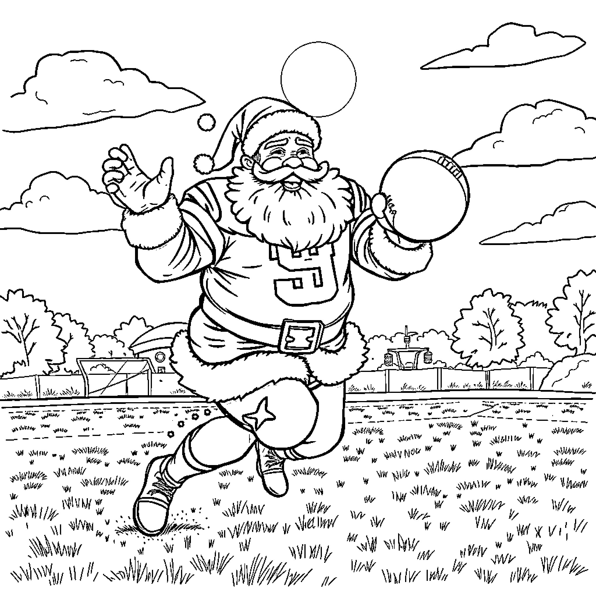 Santa Claus joyfully dancing in a winter landscape Coloring Page (free black-and-white line drawing printable PDF for all, from beginners to advanced learners, including children, teens, adults, and seniors)