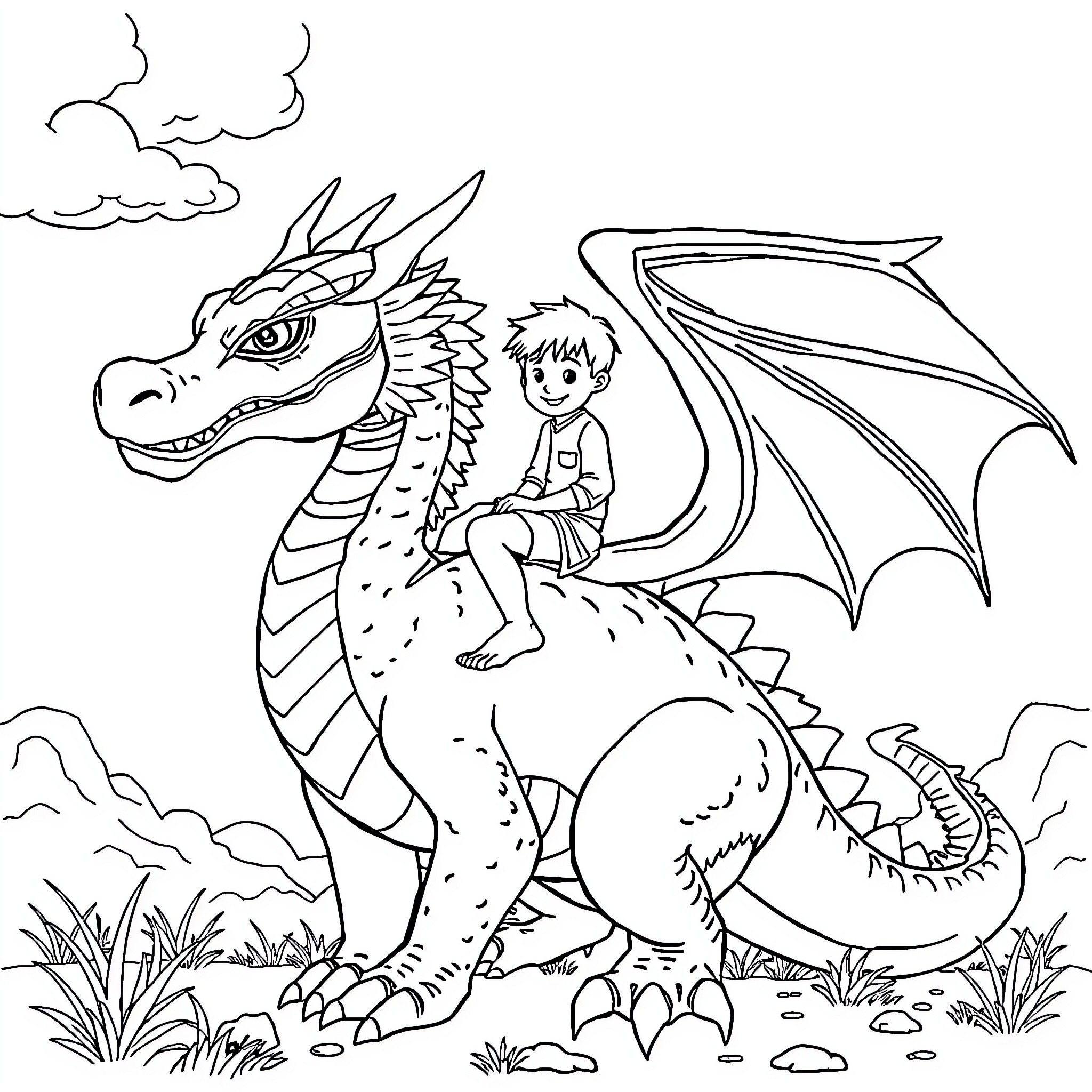 Boy riding majestic dragon in enchanting landscape Coloring Page (free black-and-white line drawing printable PDF for all, from beginners to advanced learners, including children, teens, adults, and seniors)