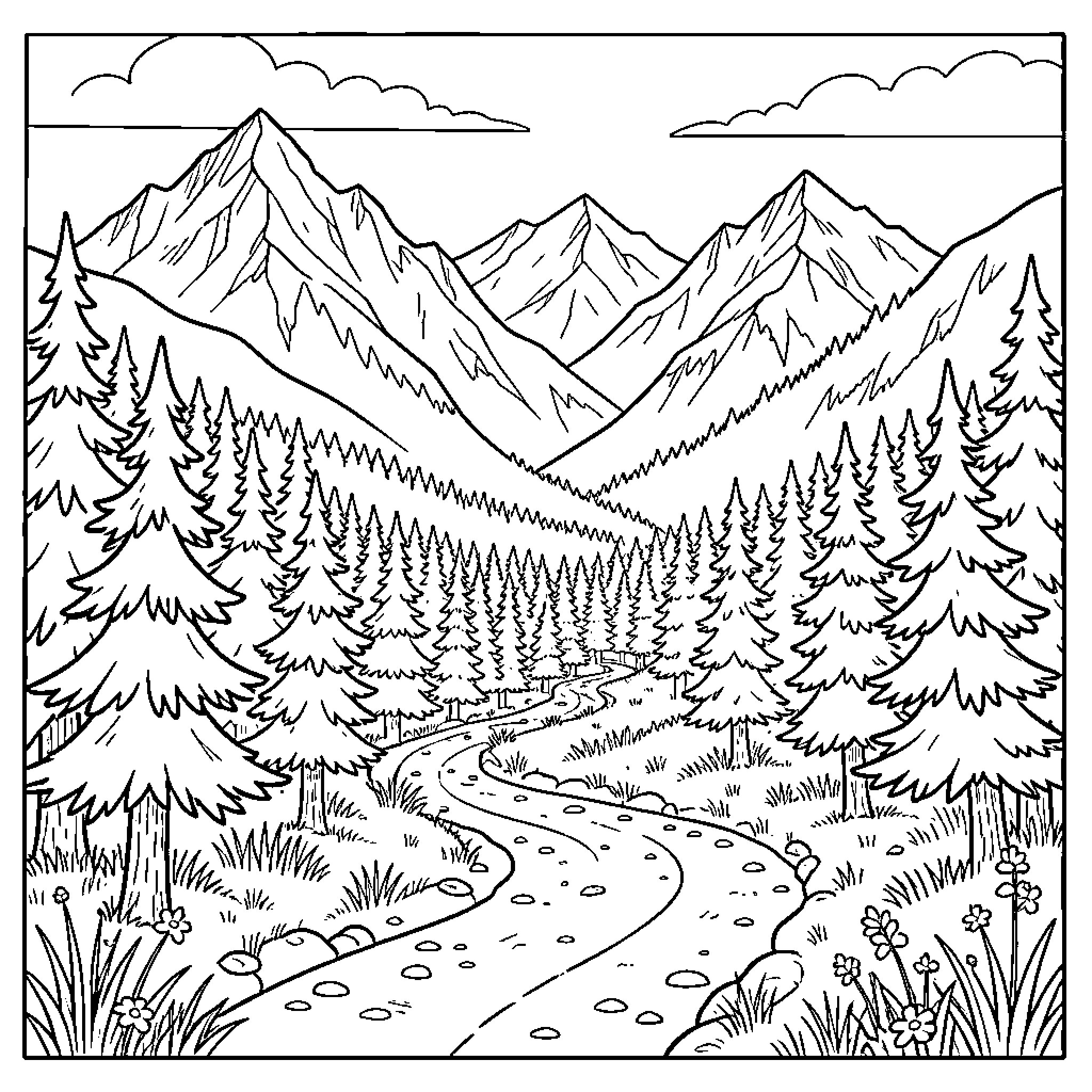 Scene of a winding path through a pine forest Coloring Page (free black-and-white line drawing printable PDF for all, from beginners to advanced learners, including children, teens, adults, and seniors)