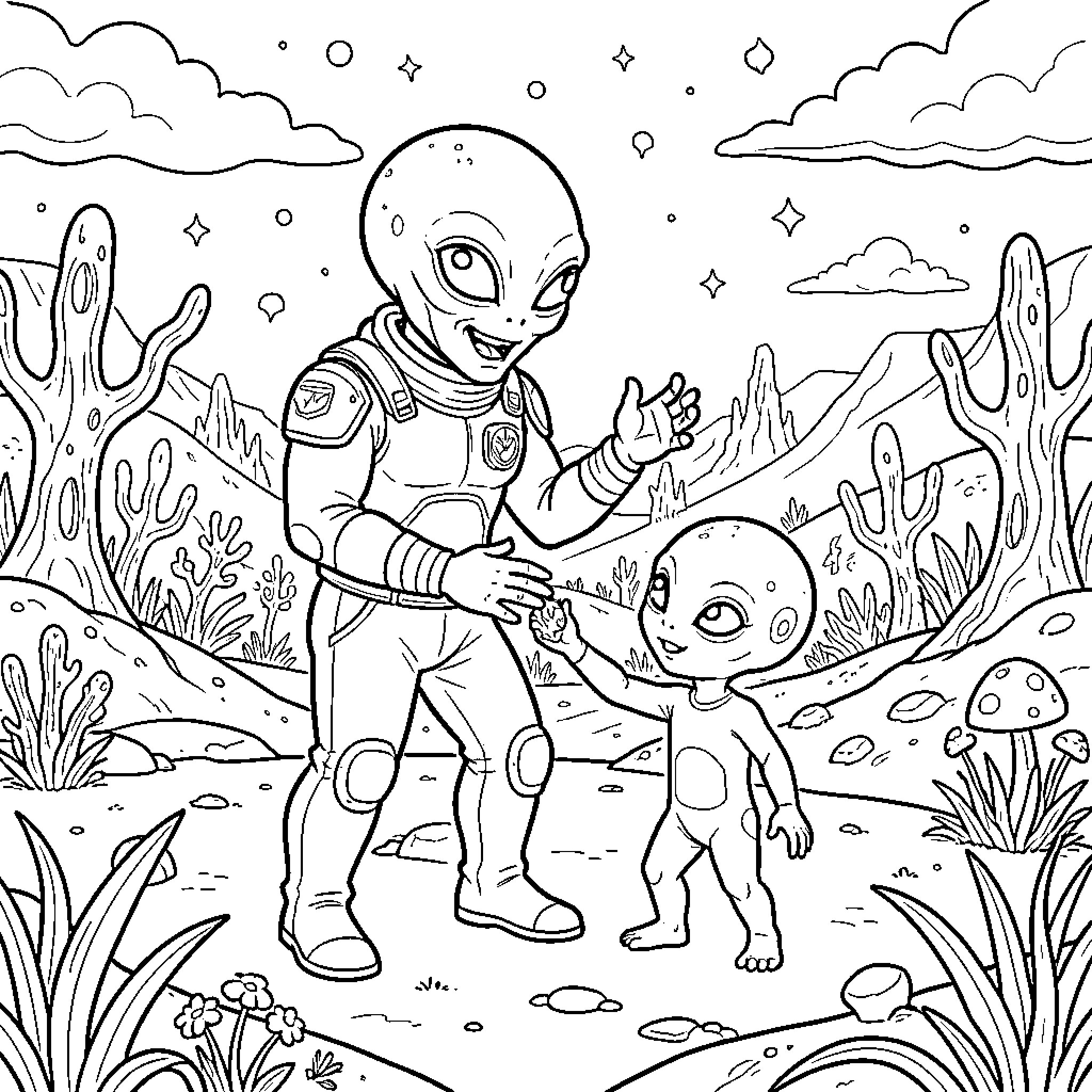 Extraterrestrial parent and child interacting in a landscape Coloring Page (free black-and-white line drawing printable PDF for all, from beginners to advanced learners, including children, teens, adults, and seniors)