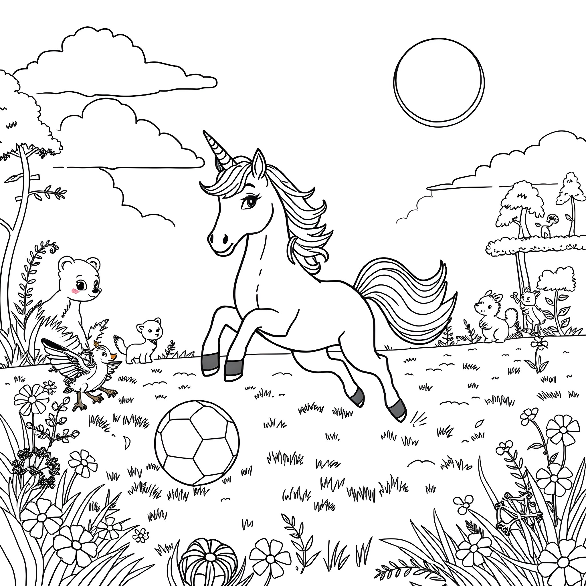 Unicorn playing cheerfully in a magical forest Coloring Page (free black-and-white line drawing printable PDF for all, from beginners to advanced learners, including children, teens, adults, and seniors)