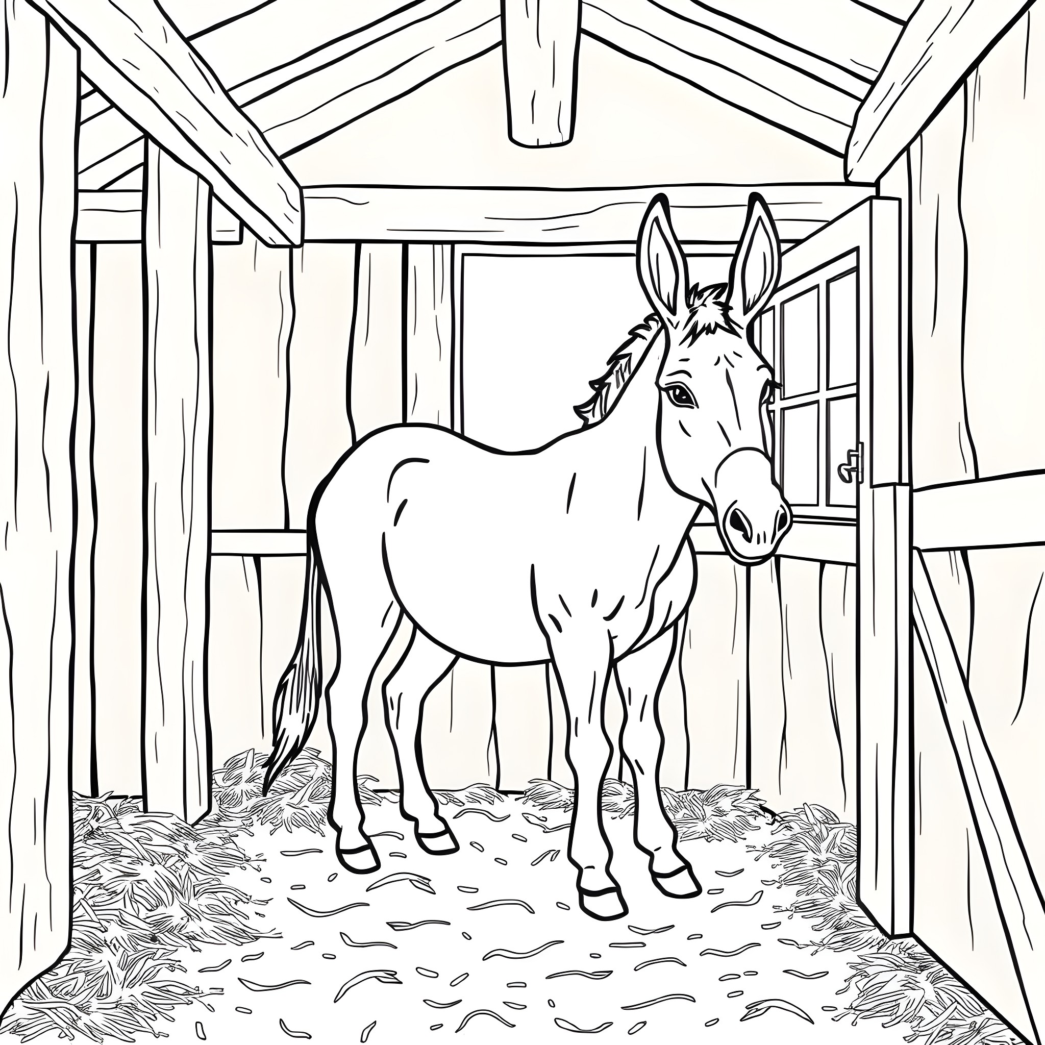 Donkey standing in a rustic stable Coloring Page (free black-and-white line drawing printable PDF for all, from beginners to advanced learners, including children, teens, adults, and seniors)