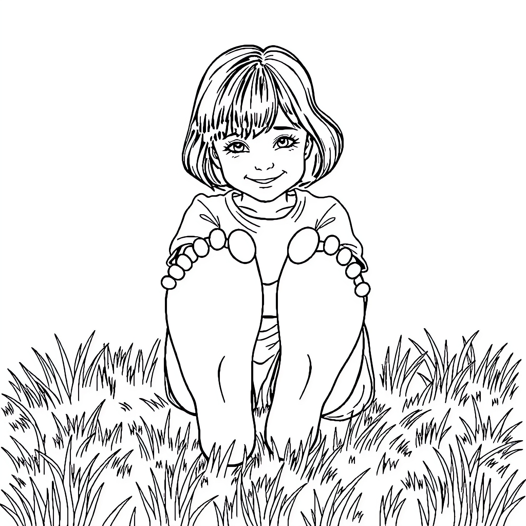 Girl playing joyfully in the field Coloring Page (free black-and-white line drawing printable PDF for all, from beginners to advanced learners, including children, teens, adults, and seniors)