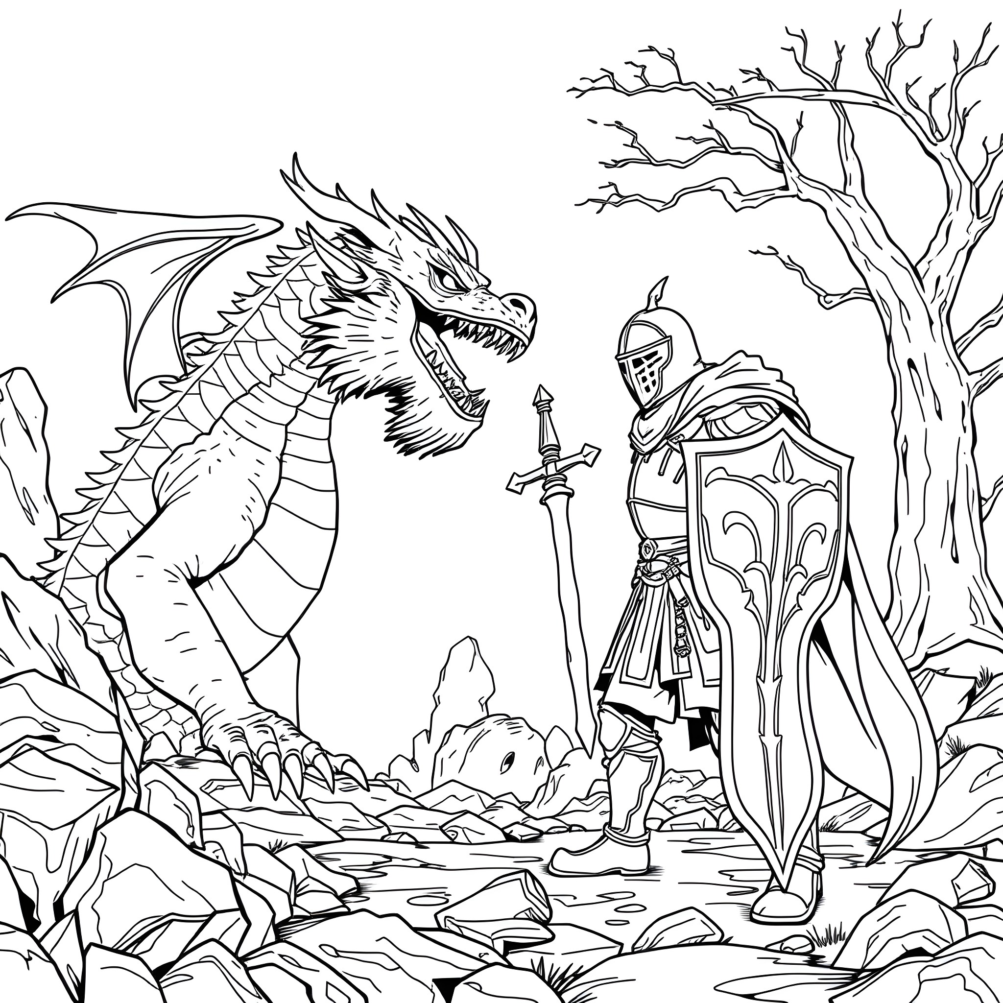 Bearded Dragon Warrior Confronting Mighty Dragon Coloring Page (free black-and-white line drawing printable PDF for all, from beginners to advanced learners, including children, teens, adults, and seniors)