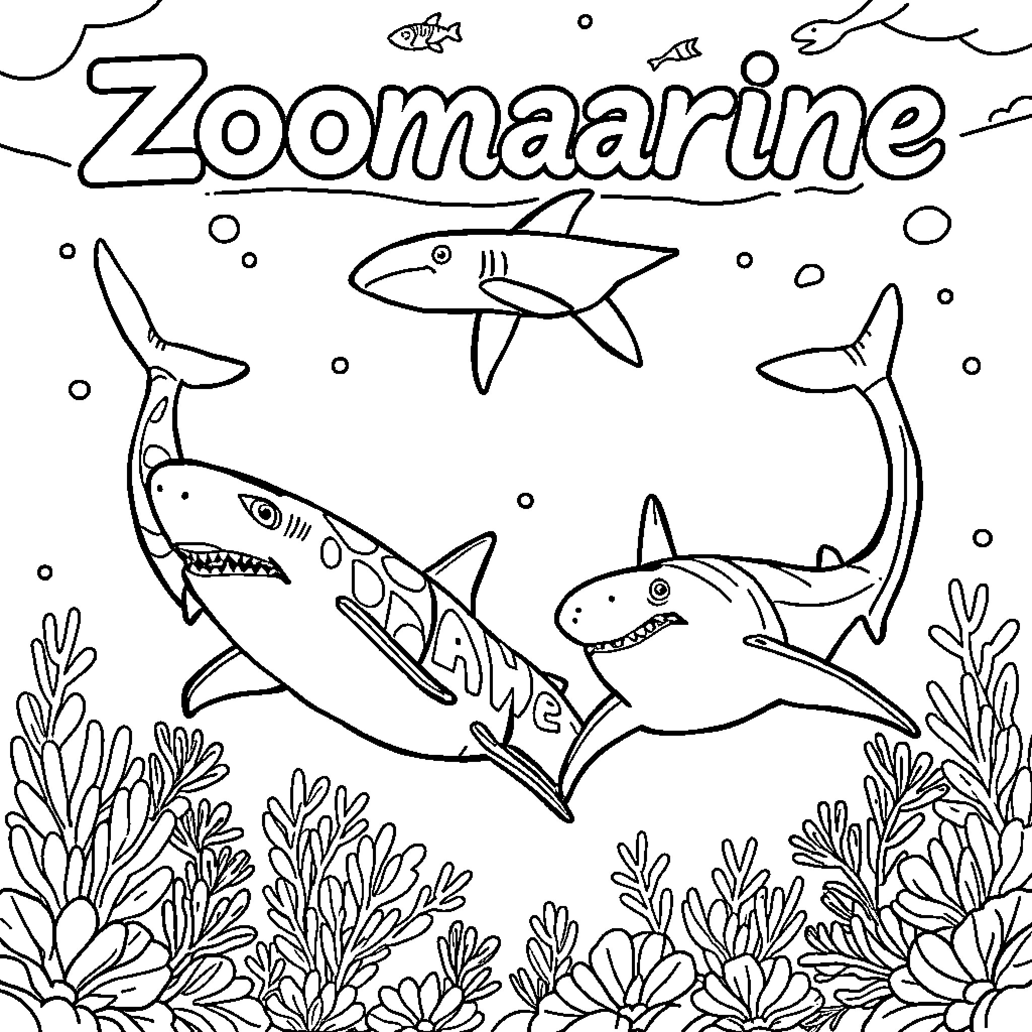 Shark-themed ocean scene with marine life Coloring Page (free black-and-white line drawing printable PDF for all, from beginners to advanced learners, including children, teens, adults, and seniors)