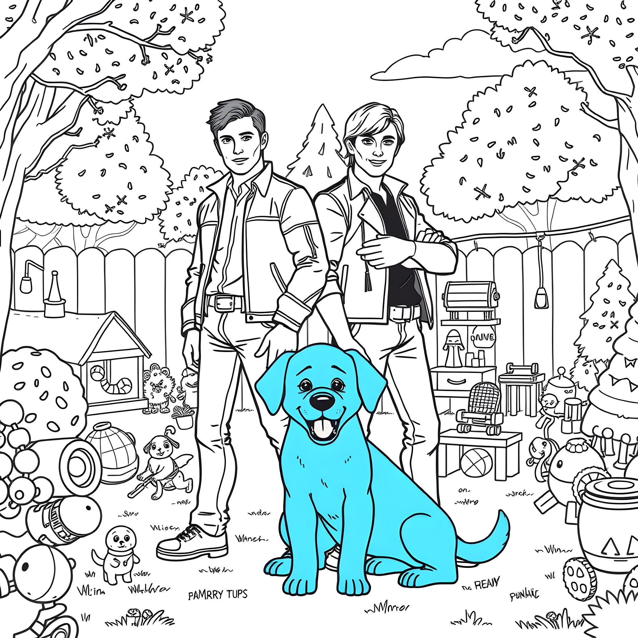 Sam and Dean's Outdoor Adventure with Their Furry Companion Coloring Page (free black-and-white line drawing printable PDF for all, from beginners to advanced learners, including children, teens, adults, and seniors)