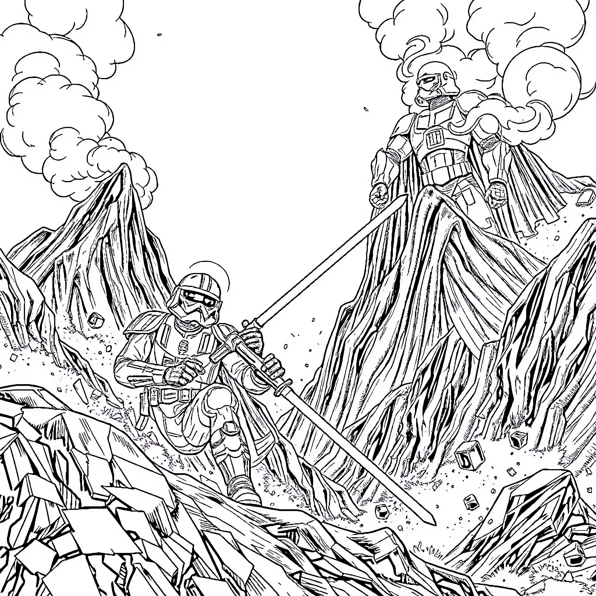 Master Chief Battles Darth Vader in Volcanic Terrain Coloring Page (free black-and-white line drawing printable PDF for all, from beginners to advanced learners, including children, teens, adults, and seniors)