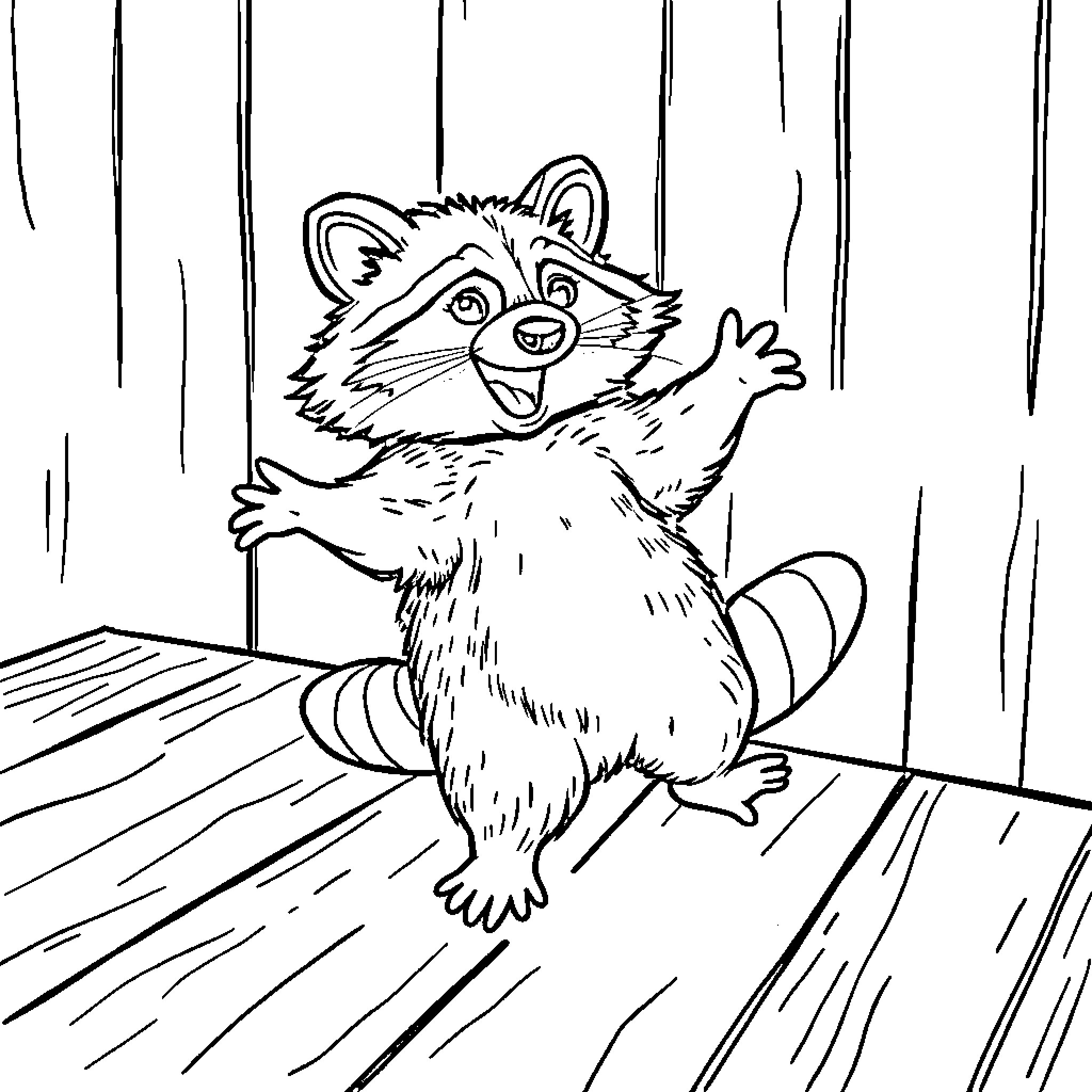 Raccoon waving happily in a wooden environment Coloring Page (free black-and-white line drawing printable PDF for all, from beginners to advanced learners, including children, teens, adults, and seniors)