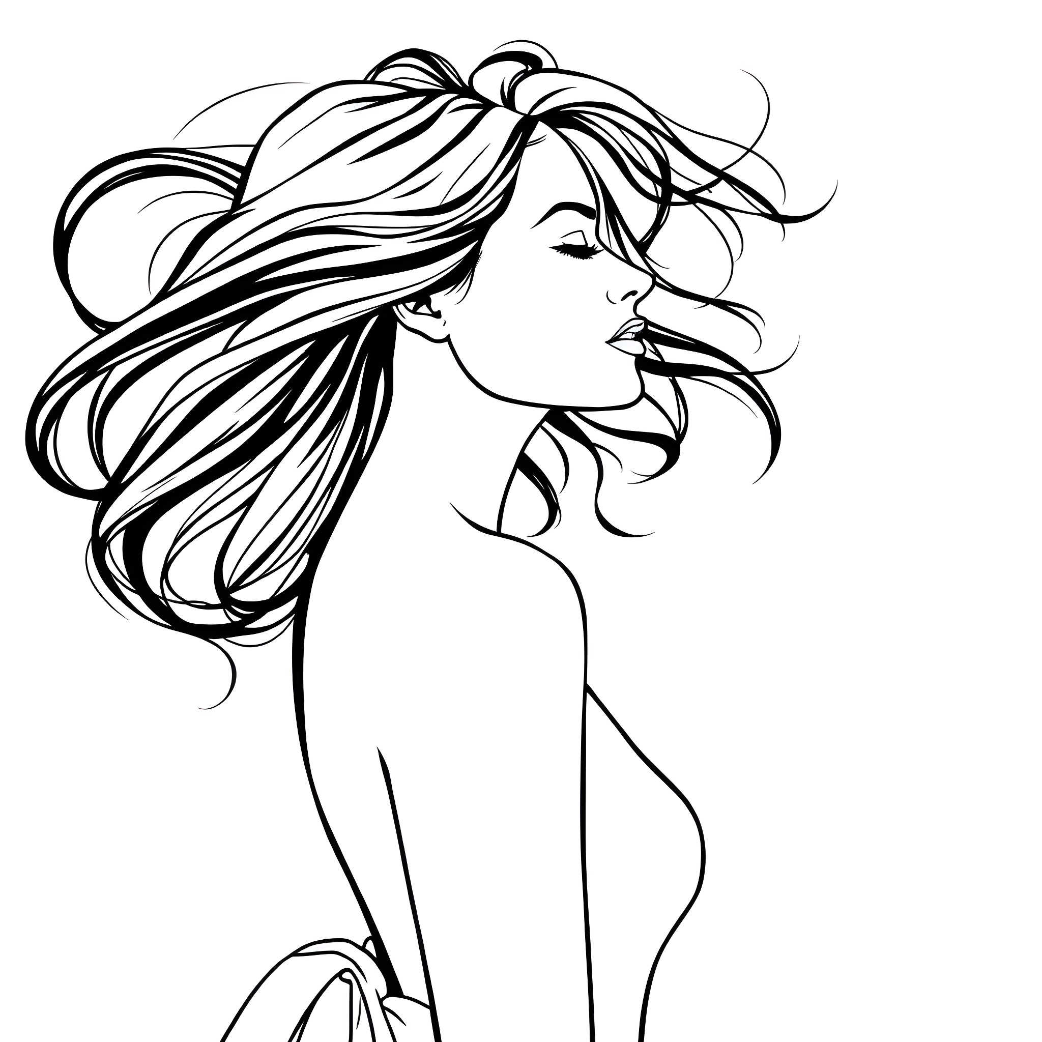 Woman with flowing, wavy hair Coloring Page (free black-and-white line drawing printable PDF for all, from beginners to advanced learners, including children, teens, adults, and seniors)