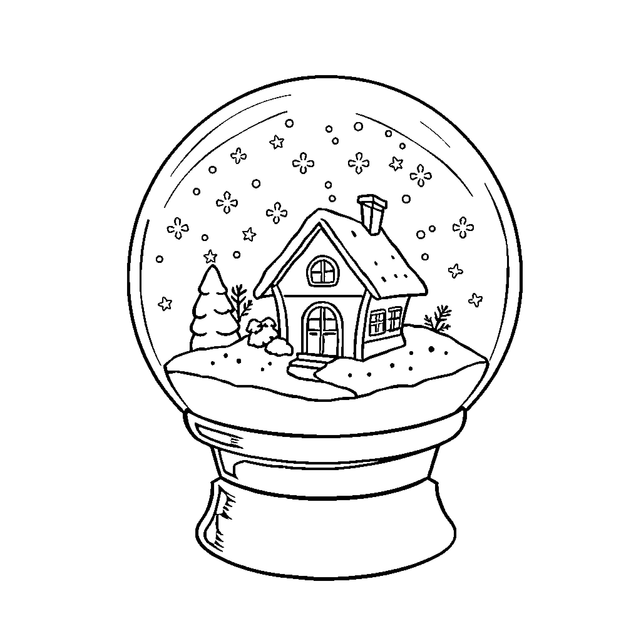 Crystal Ball Depicting a Snowy Cottage Scene Coloring Page (free black-and-white line drawing printable PDF for all, from beginners to advanced learners, including children, teens, adults, and seniors)