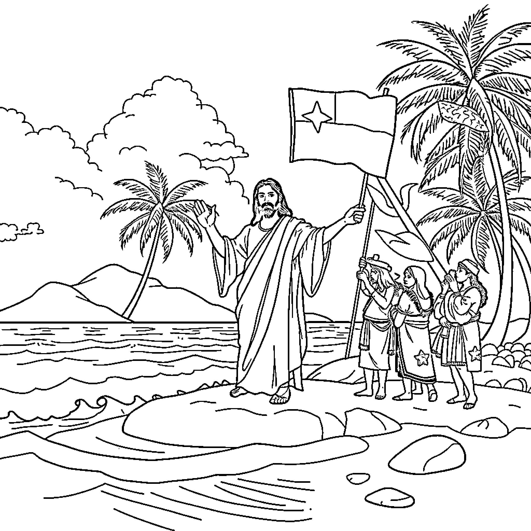 Jesus Teaching Disciples on the Beach Coloring Page (free black-and-white line drawing printable PDF for all, from beginners to advanced learners, including children, teens, adults, and seniors)