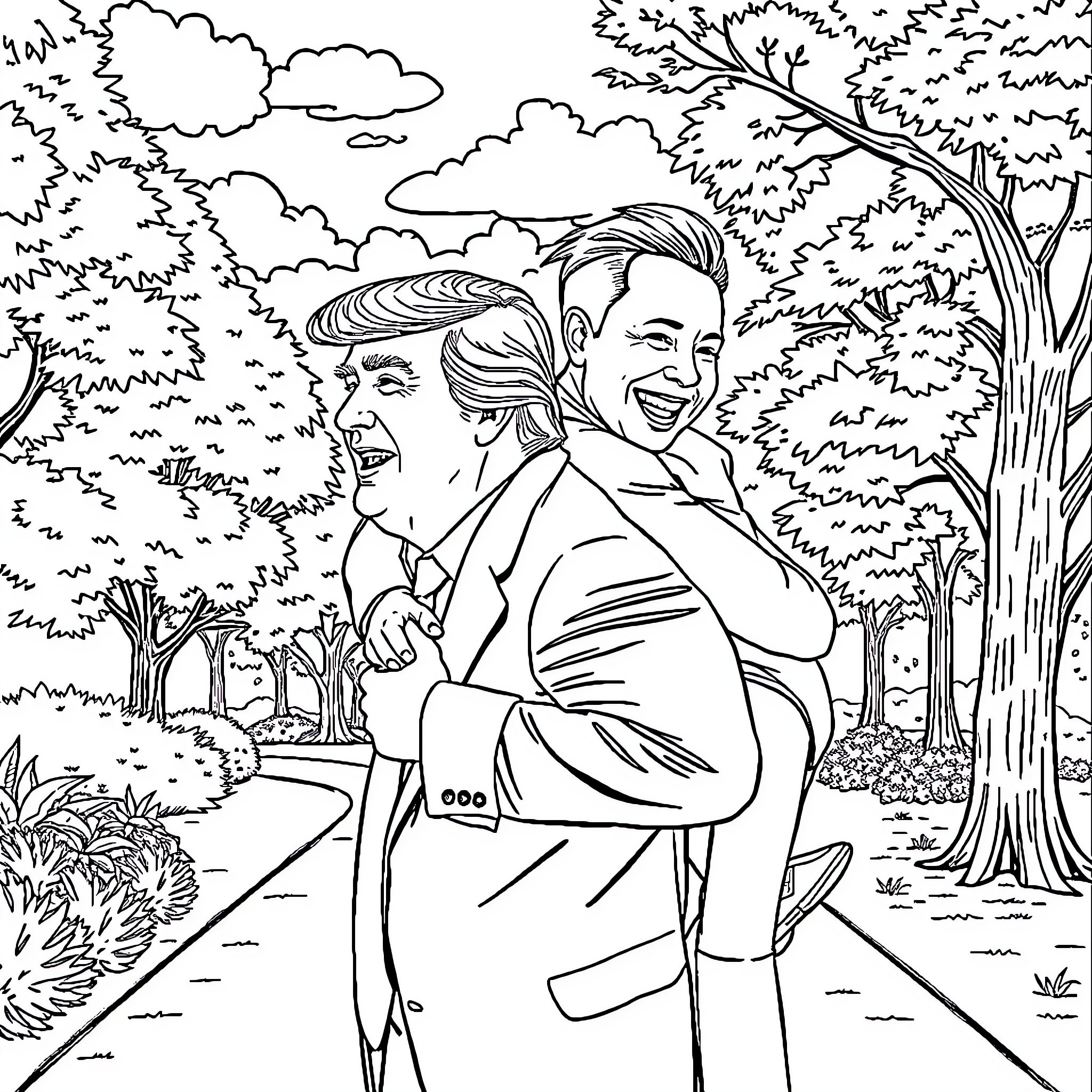 Donald Trump sharing a lighthearted moment in nature Coloring Page (free black-and-white line drawing printable PDF for all, from beginners to advanced learners, including children, teens, adults, and seniors)