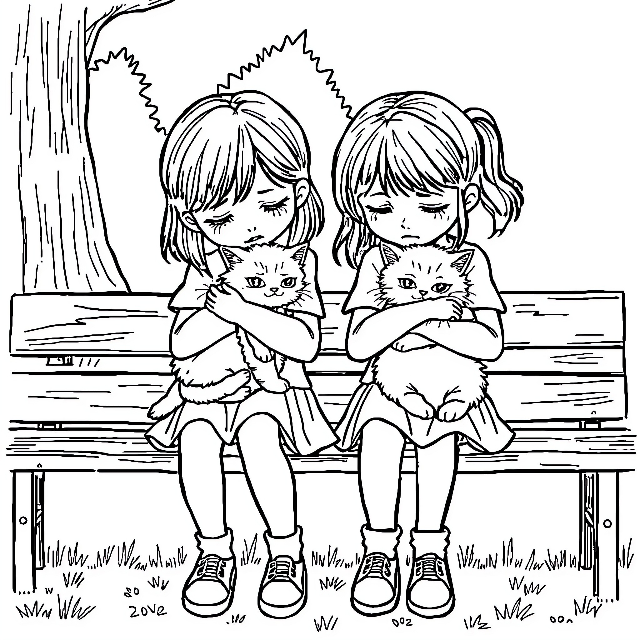 Girls sitting on a bench with their pet cats Coloring Page (free black-and-white line drawing printable PDF for all, from beginners to advanced learners, including children, teens, adults, and seniors)