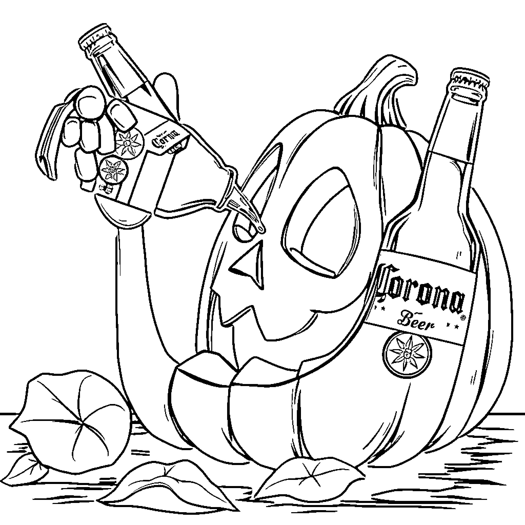 Pumpkin themed still life with Corona beer Coloring Page (free black-and-white line drawing printable PDF for all, from beginners to advanced learners, including children, teens, adults, and seniors)