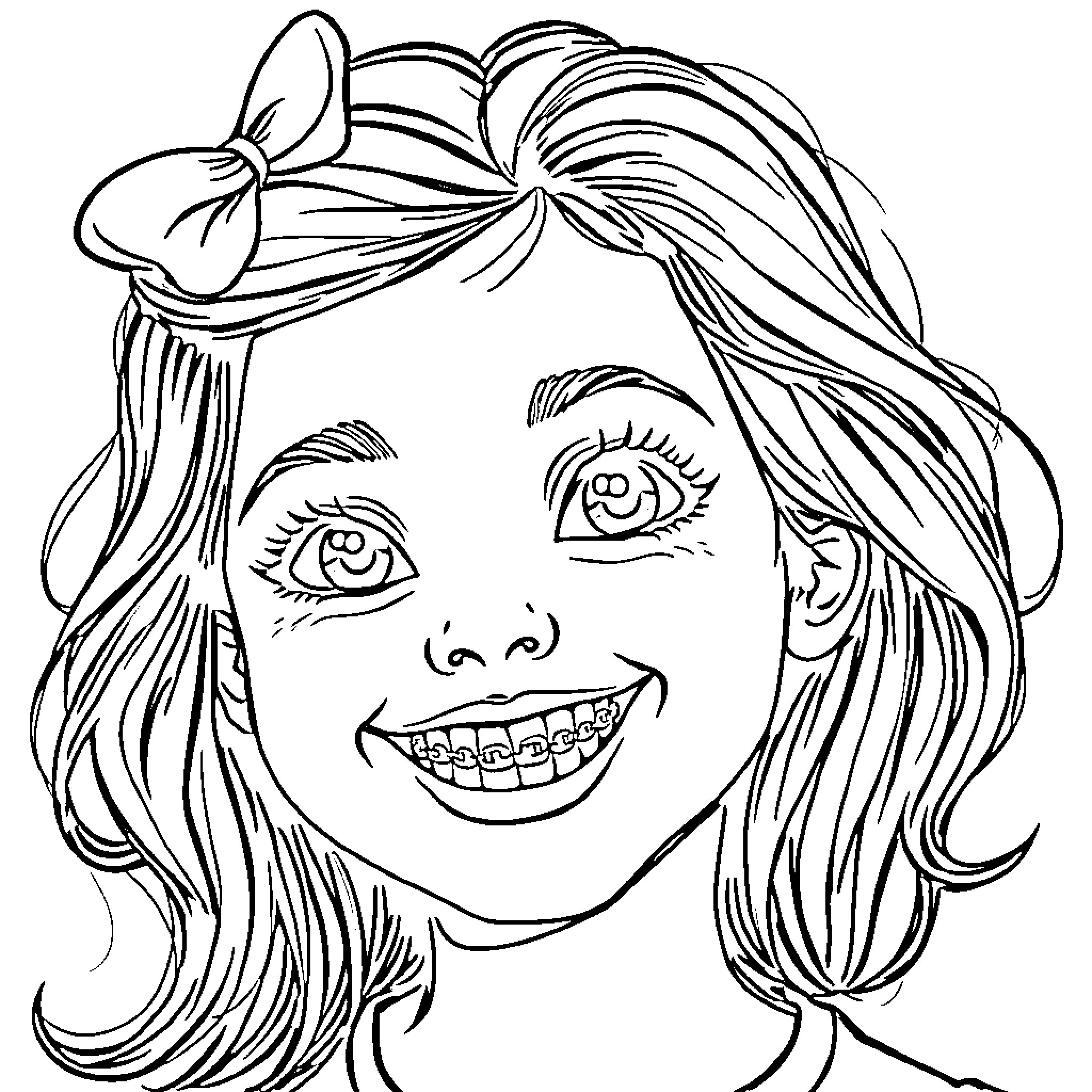 Girl with smiling face and hair bow Coloring Page (free black-and-white line drawing printable PDF for all, from beginners to advanced learners, including children, teens, adults, and seniors)