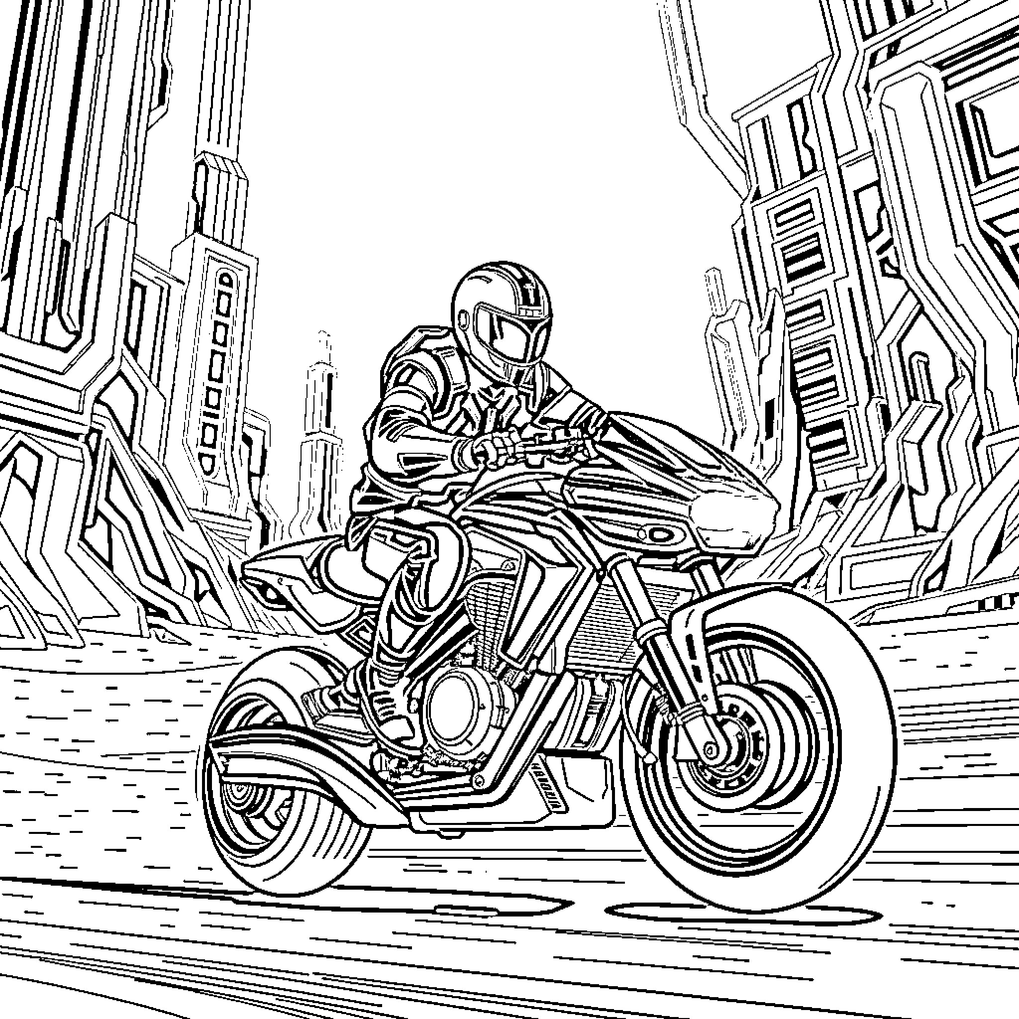 Tron Motorcycle Chase in Futuristic City Coloring Page (free black-and-white line drawing printable PDF for all, from beginners to advanced learners, including children, teens, adults, and seniors)