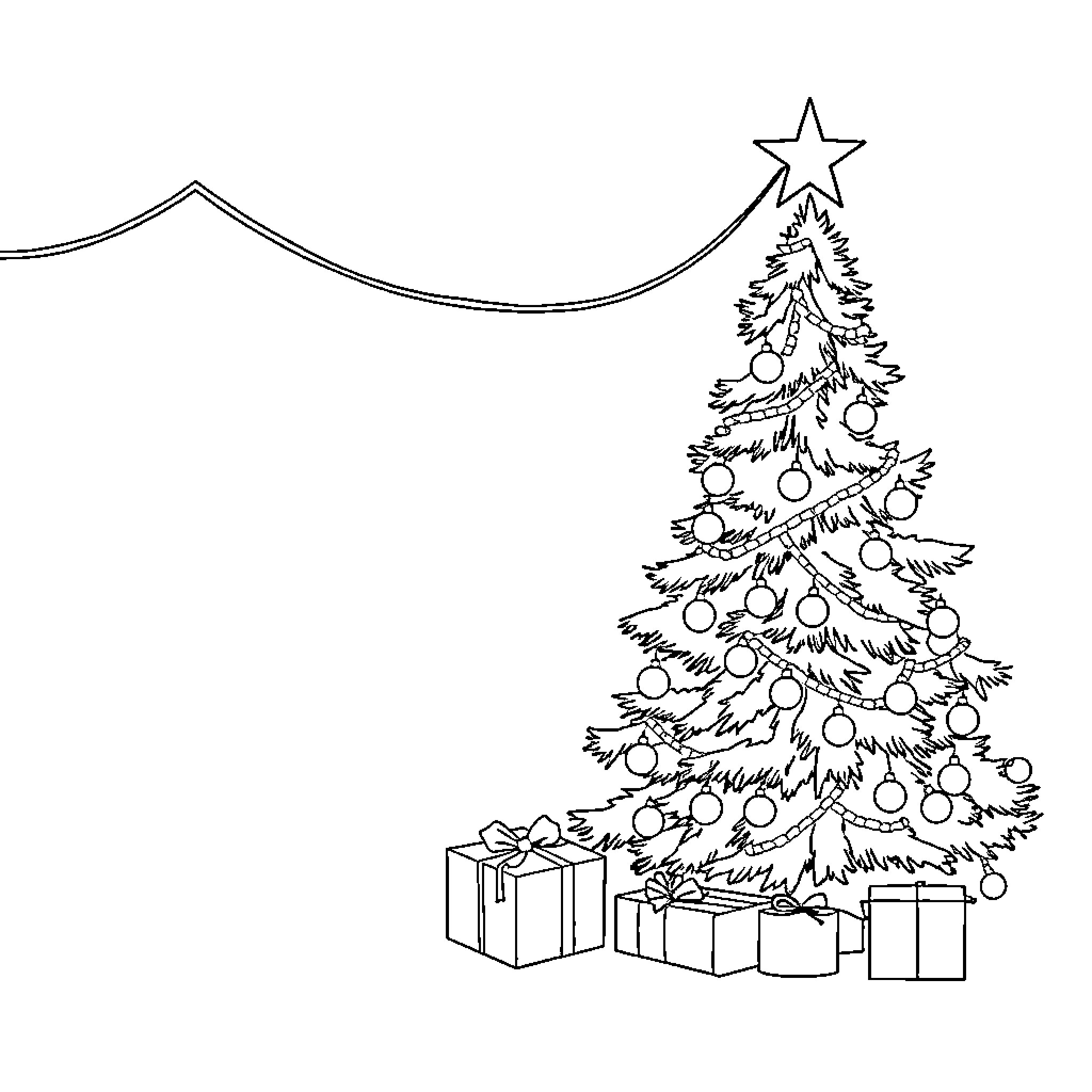 Christmas tree with gifts below Coloring Page (free black-and-white line drawing printable PDF for all, from beginners to advanced learners, including children, teens, adults, and seniors)