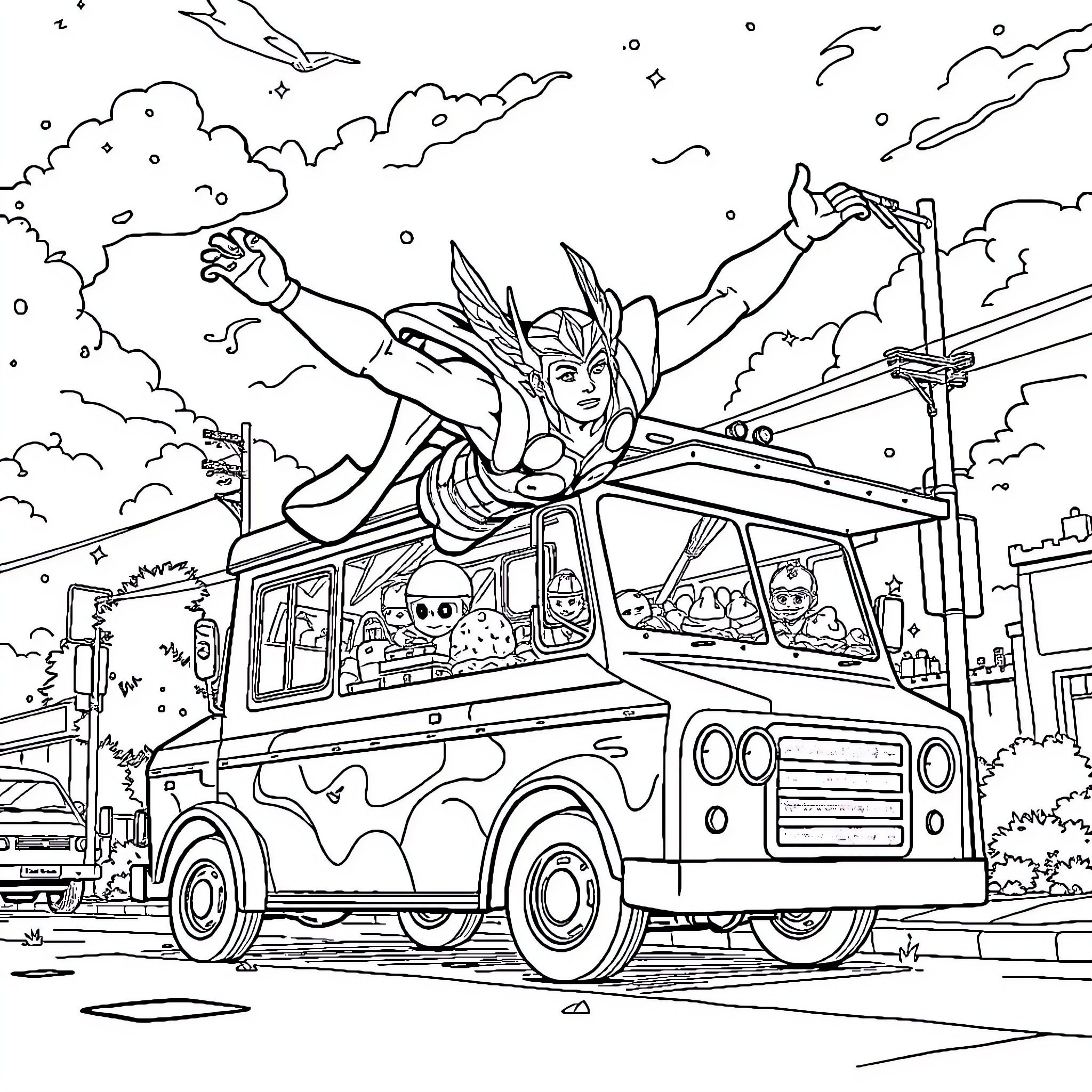 Thor's Heroic Drive in the City Coloring Page (free black-and-white line drawing printable PDF for all, from beginners to advanced learners, including children, teens, adults, and seniors)