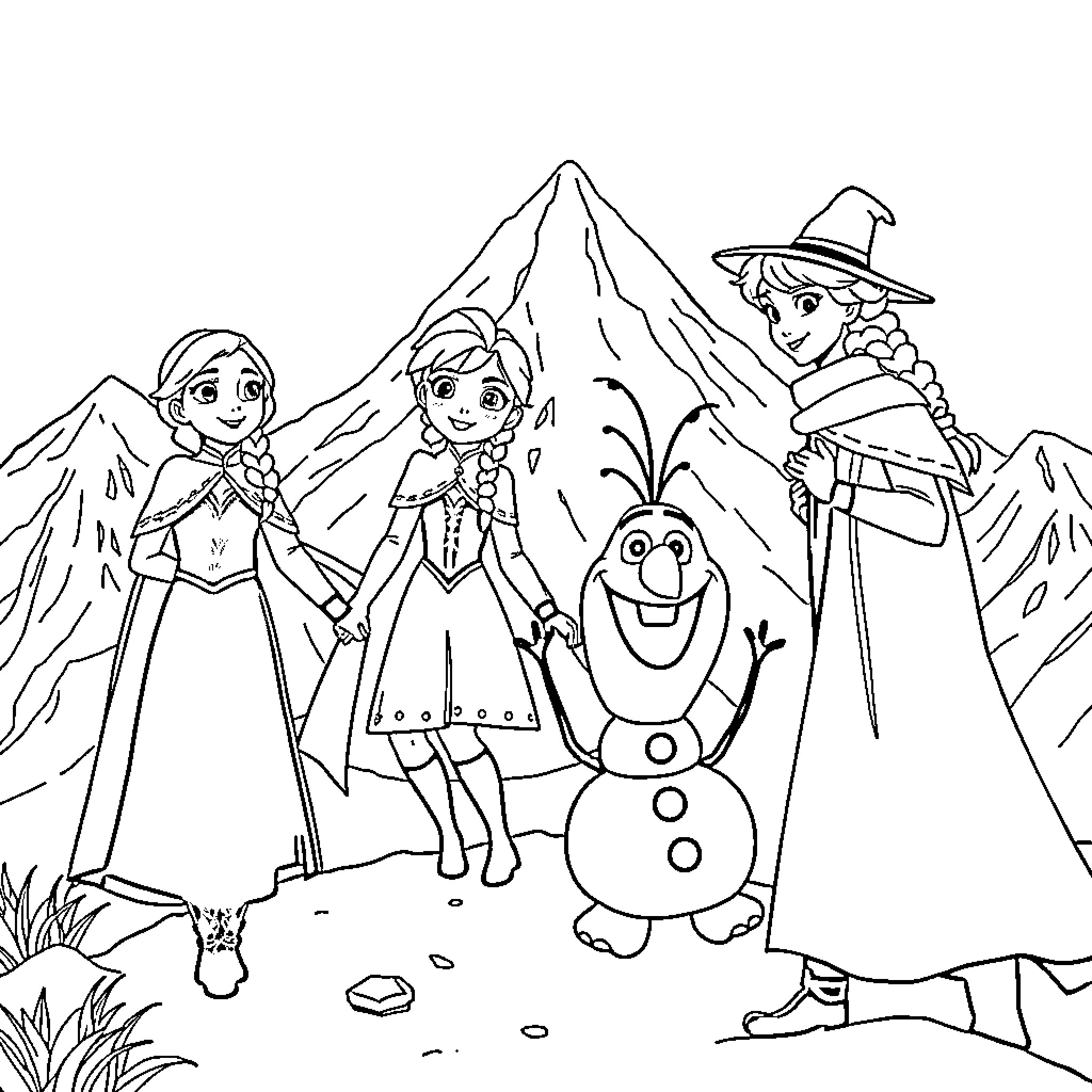 Anna's Frozen Adventure in the Mountains Coloring Page (free black-and-white line drawing printable PDF for all, from beginners to advanced learners, including children, teens, adults, and seniors)